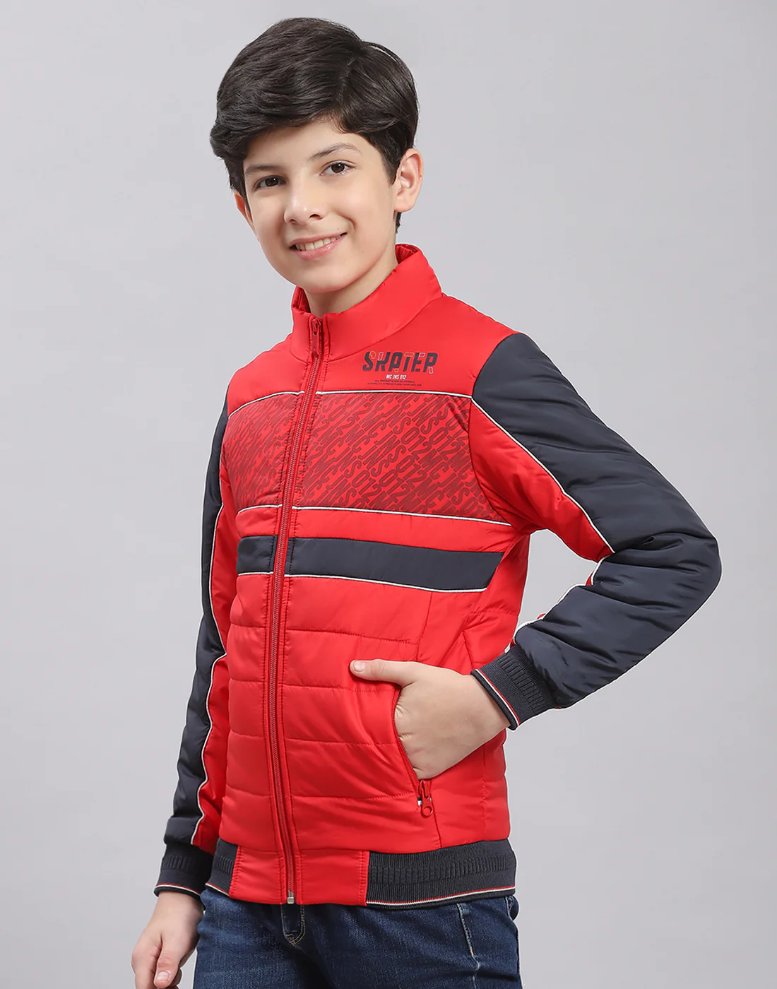 Boys Red Printed Stand Collar Full Sleeve Boys Jacket - Image 3