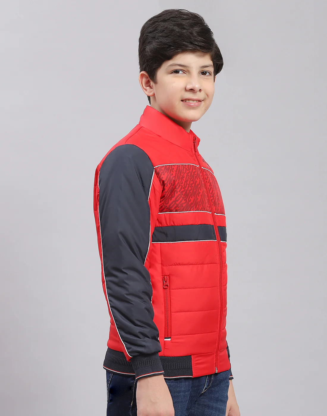 Boys Red Printed Stand Collar Full Sleeve Boys Jacket - Image 4
