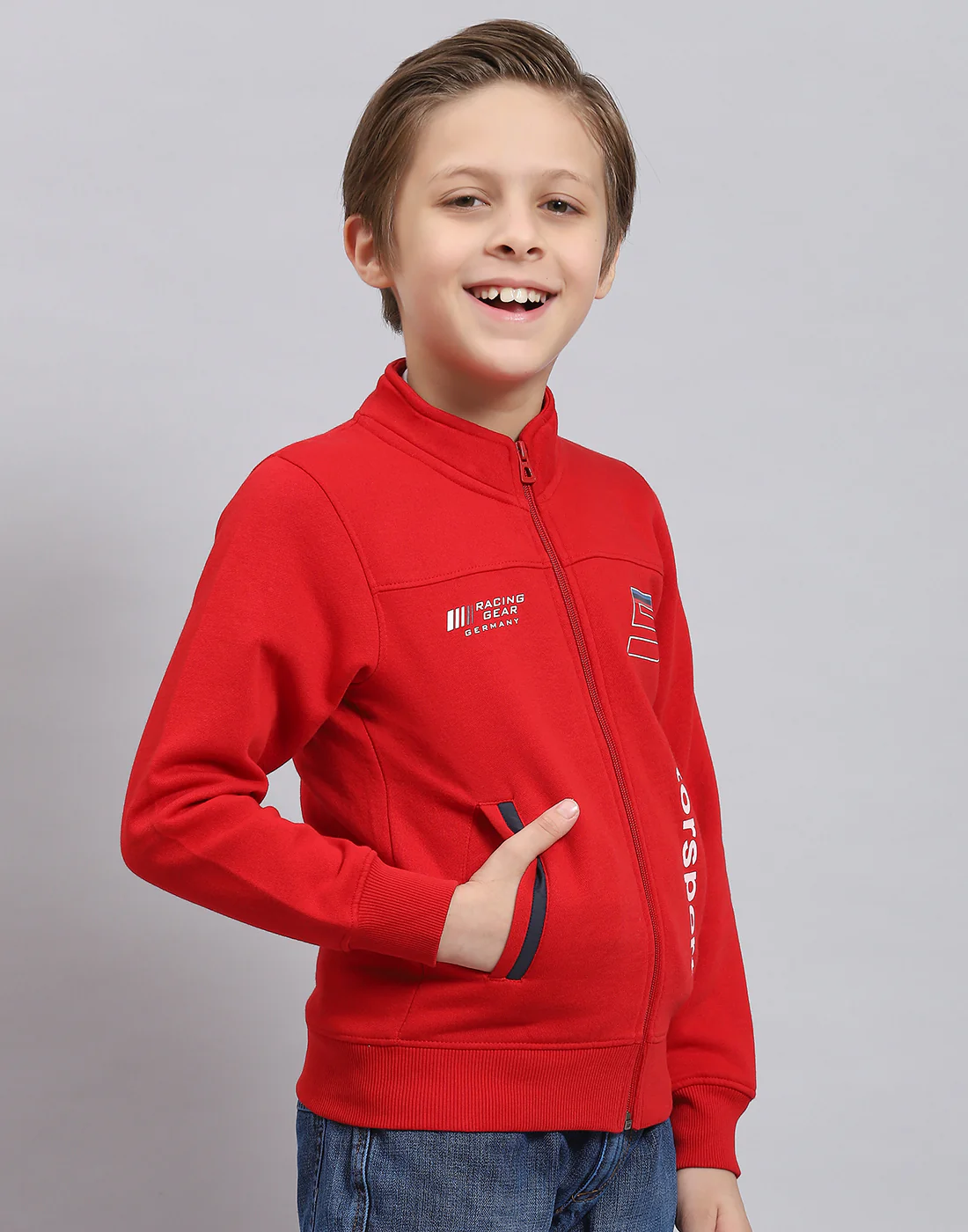 Boys Red Printed Stand Collar Full Sleeve Sweatshirt - Image 4