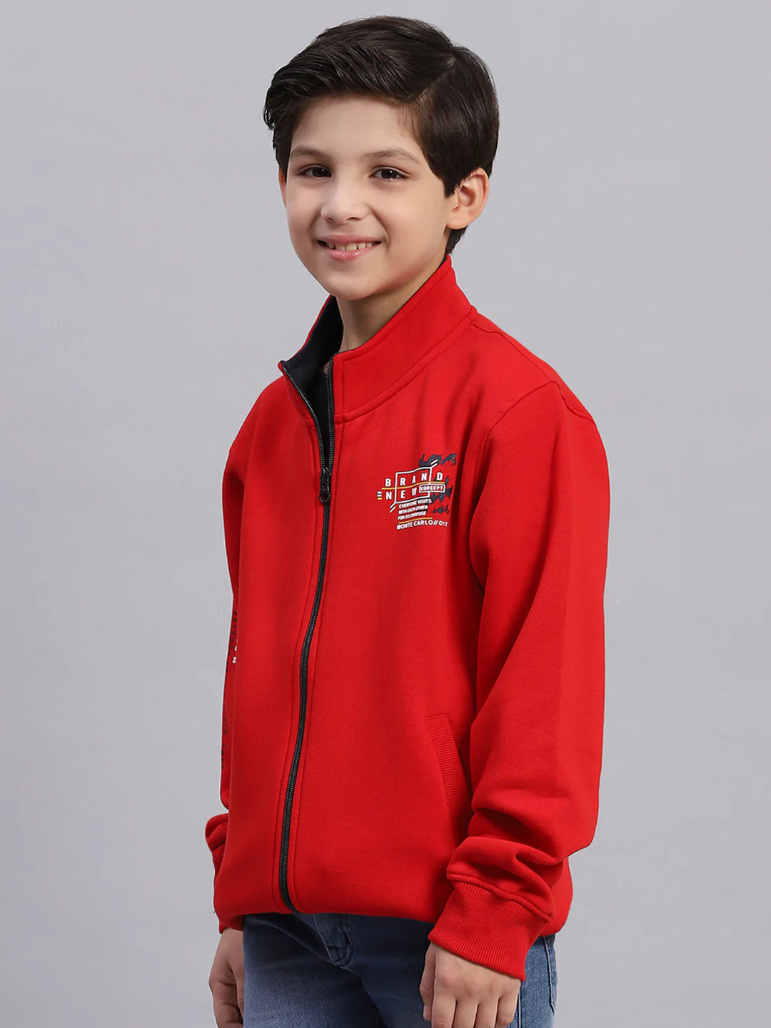 Boys Red Printed Stand Collar Full Sleeve Sweatshirt - Image 3