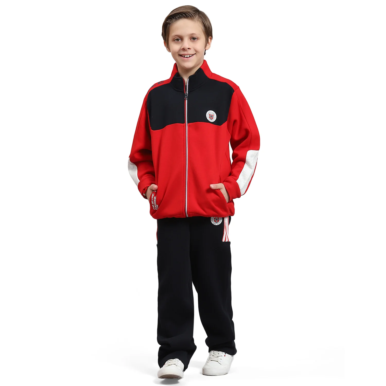 Boys Red Printed Stand Collar Full Sleeve Tracksuit - Image 5