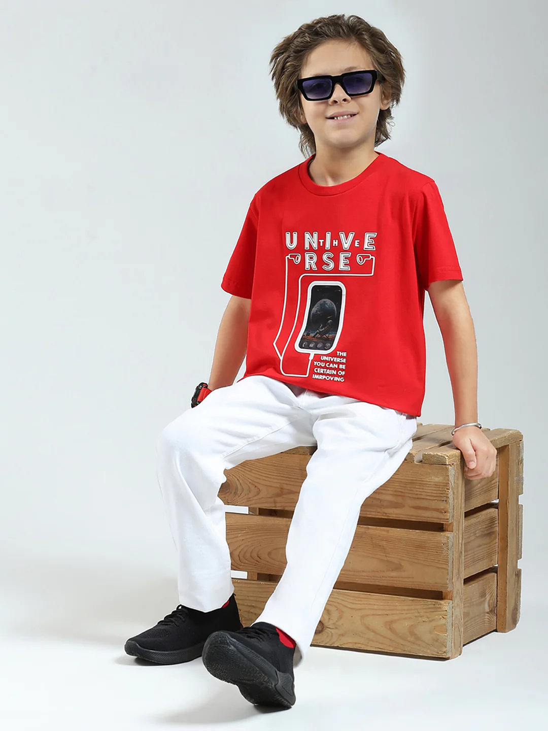 Boys Red Printed Round Neck Half Sleeve T-Shirt - Image 2