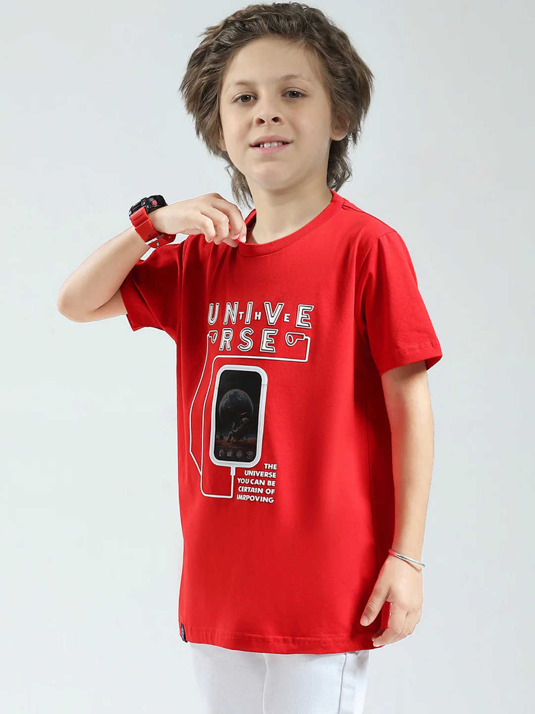 Boys Red Printed Round Neck Half Sleeve T-Shirt - Image 3
