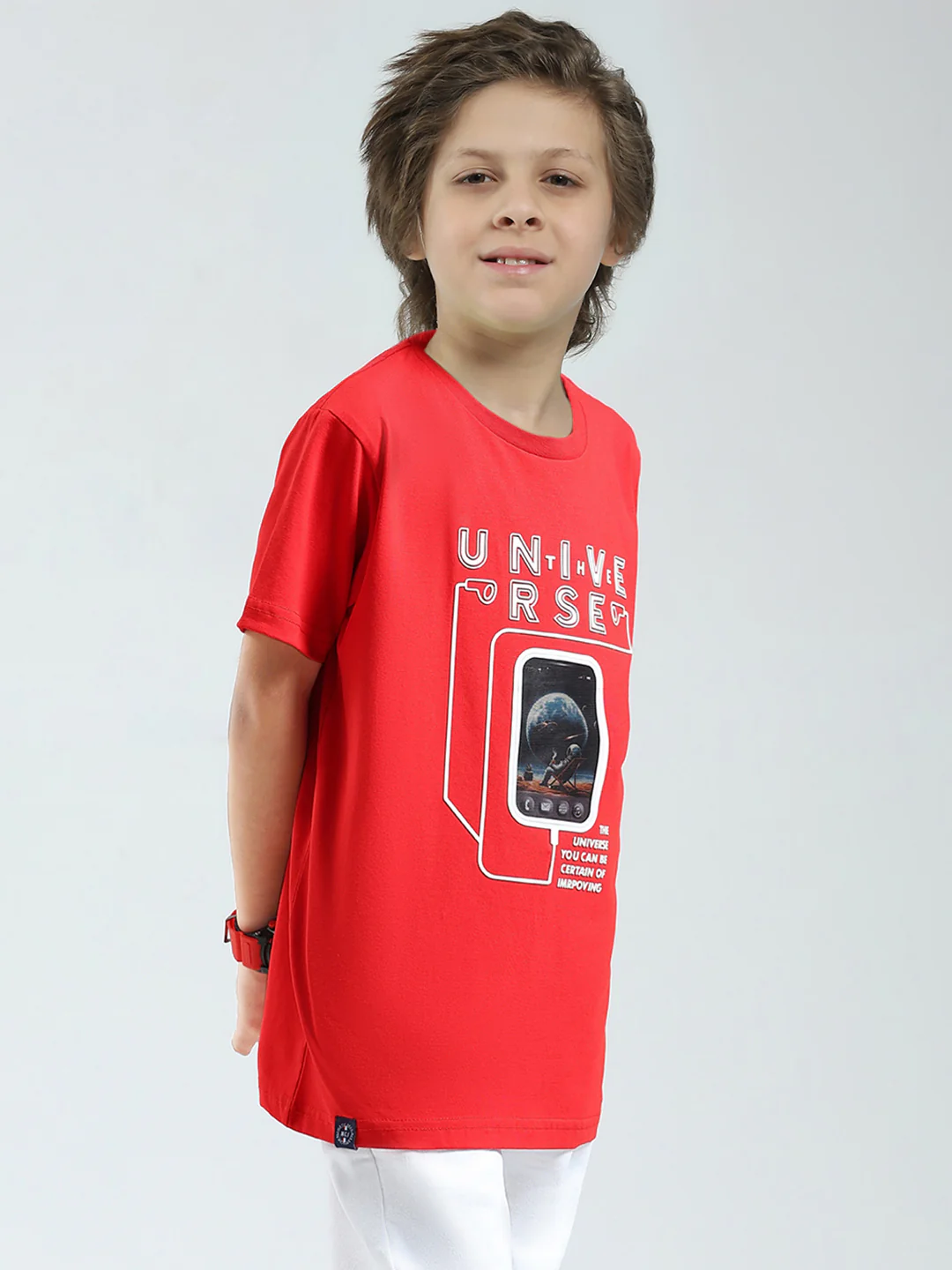 Boys Red Printed Round Neck Half Sleeve T-Shirt - Image 4