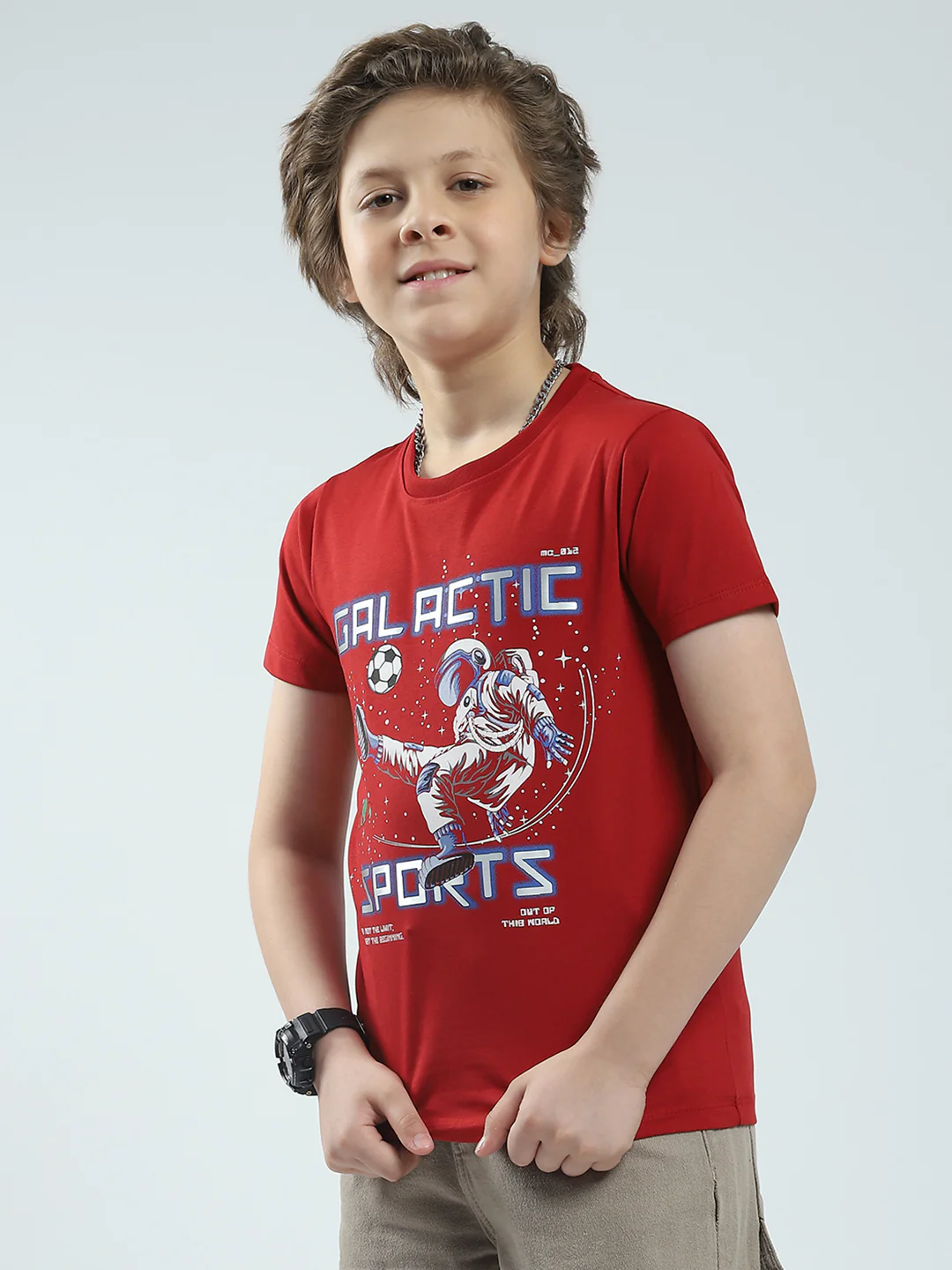 Boys Red Printed Round Neck Half Sleeve T-Shirt - Image 3