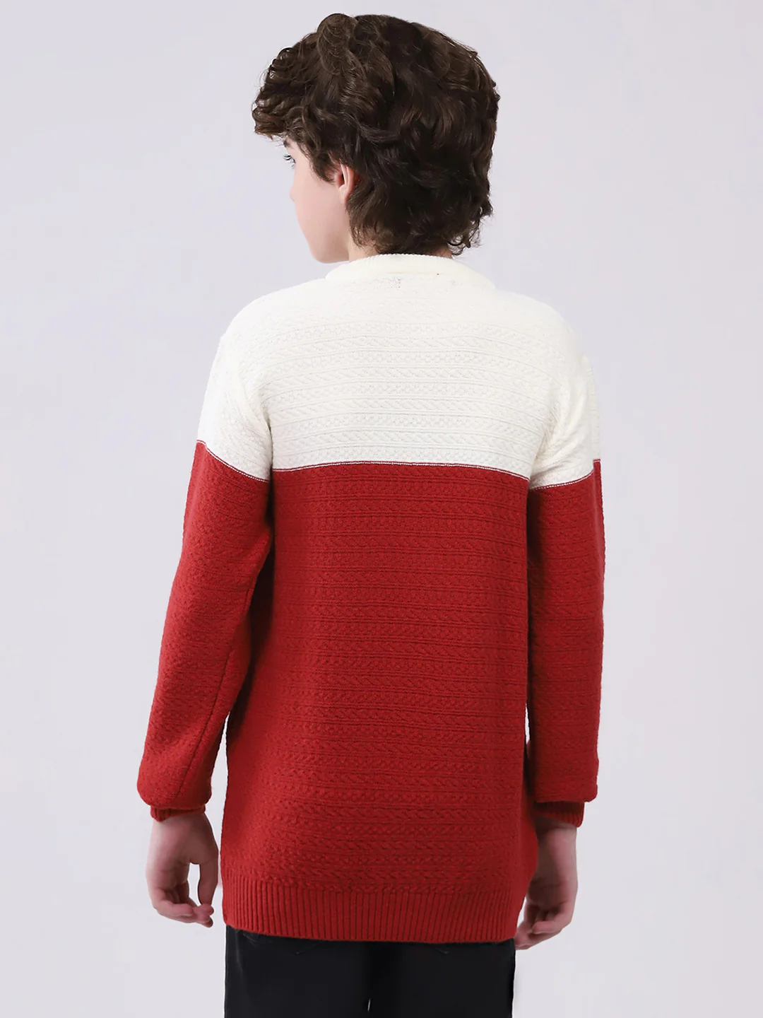 Boys Red Self Design Round Neck Full Sleeve Pullover - Image 5