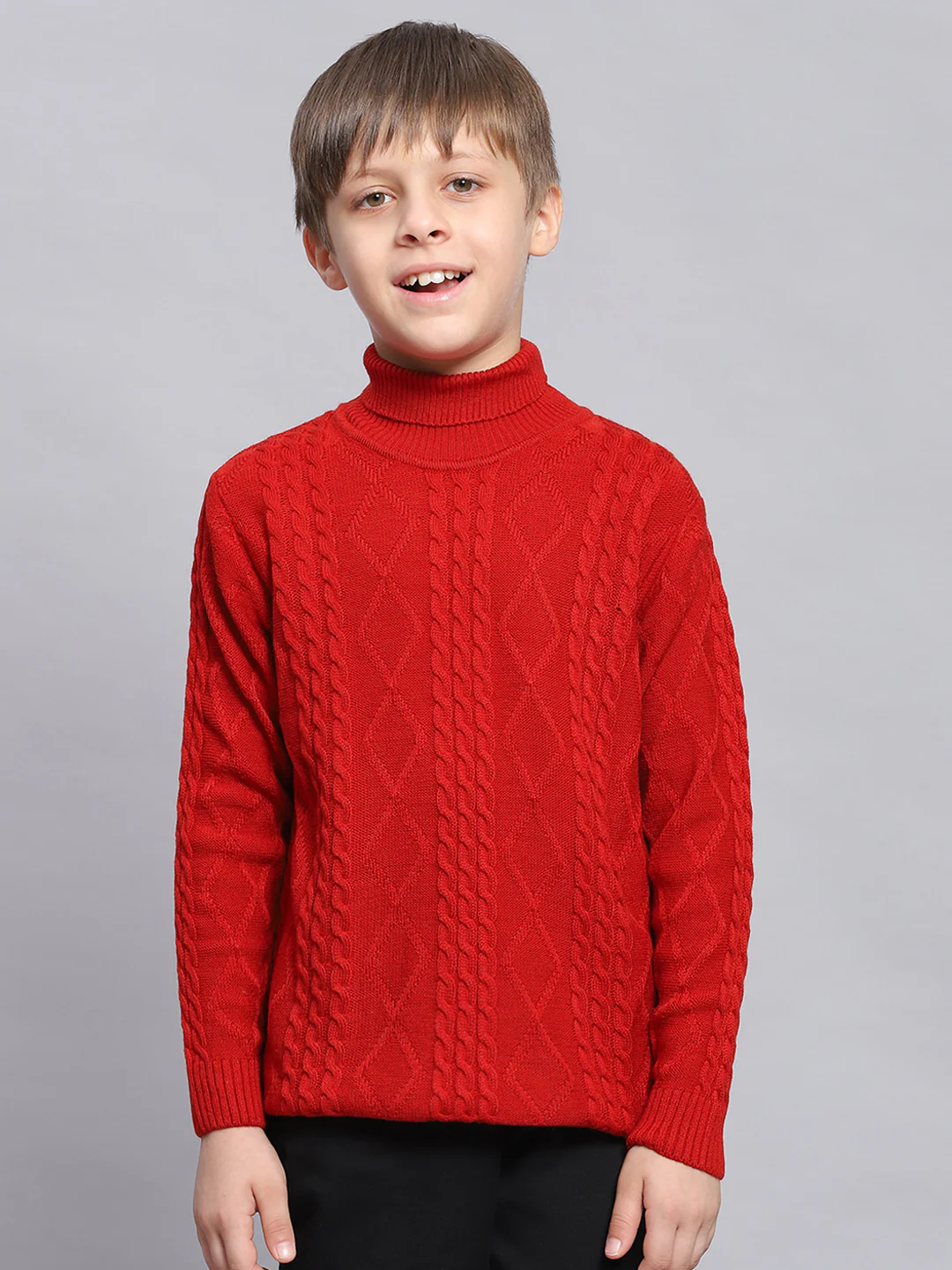 Boys Red Self Design H Neck Full Sleeve Sweater - Image 2