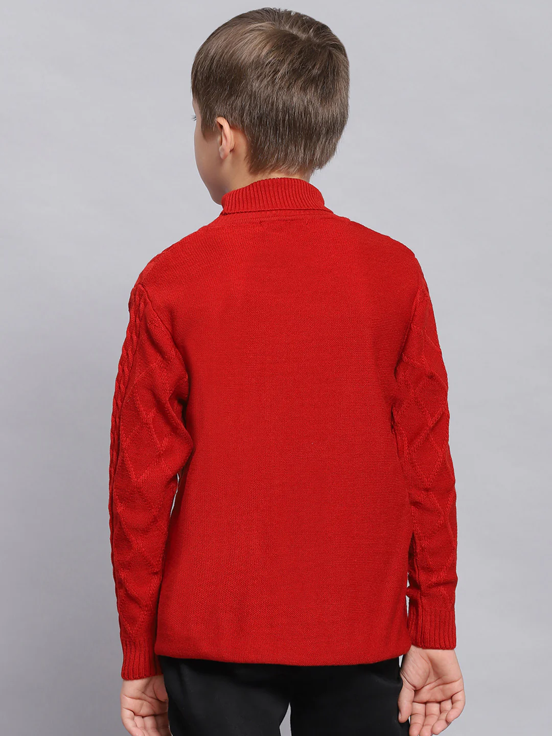 Boys Red Self Design H Neck Full Sleeve Sweater - Image 5