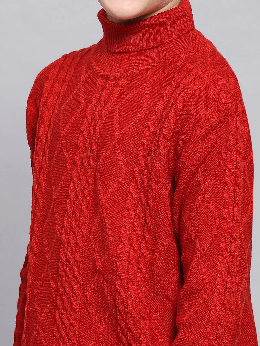 Boys Red Self Design H Neck Full Sleeve Sweater - Image 6