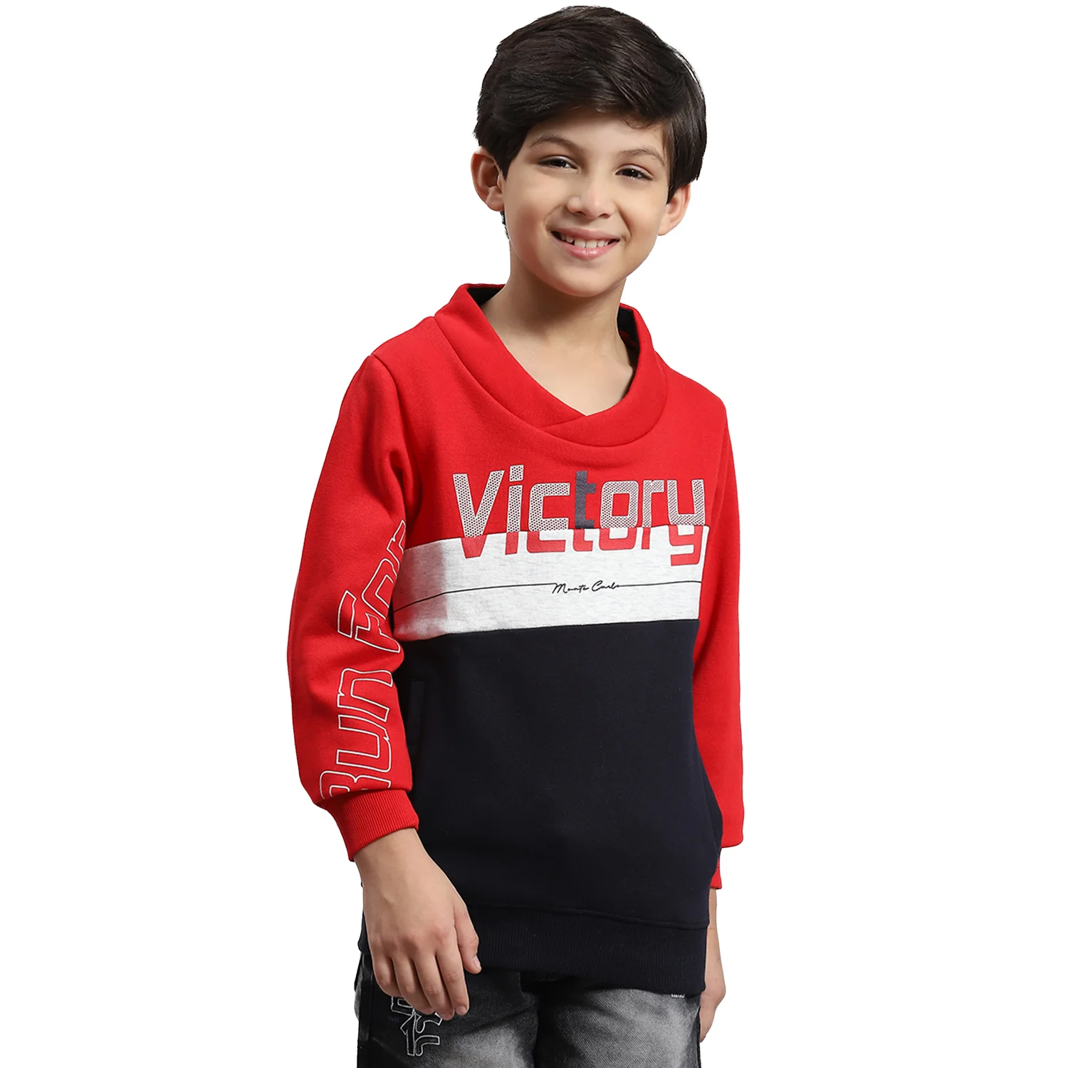 Boys Red Solid F Neck Full Sleeve Sweatshirt - Image 5