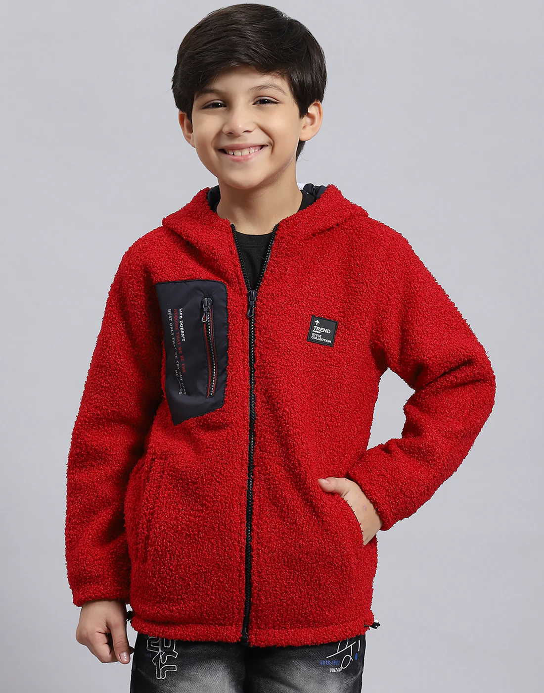 Boys Red Solid Hooded Full Sleeve Boys Jacket - Image 2