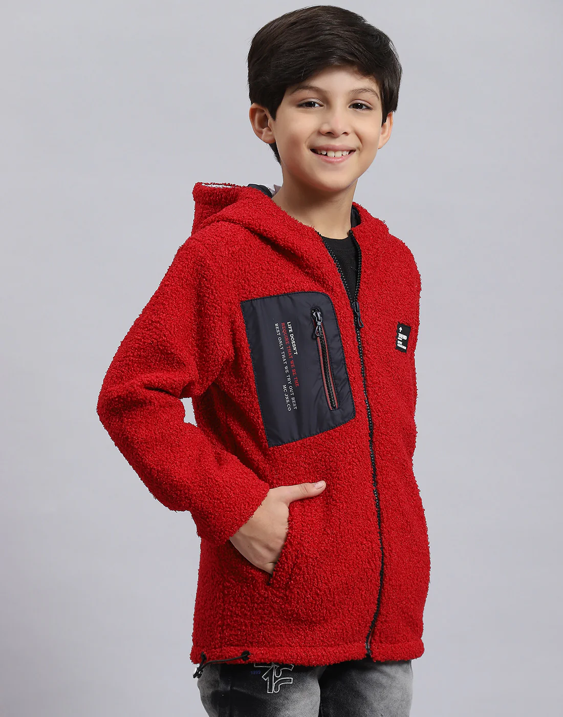 Boys Red Solid Hooded Full Sleeve Boys Jacket - Image 4