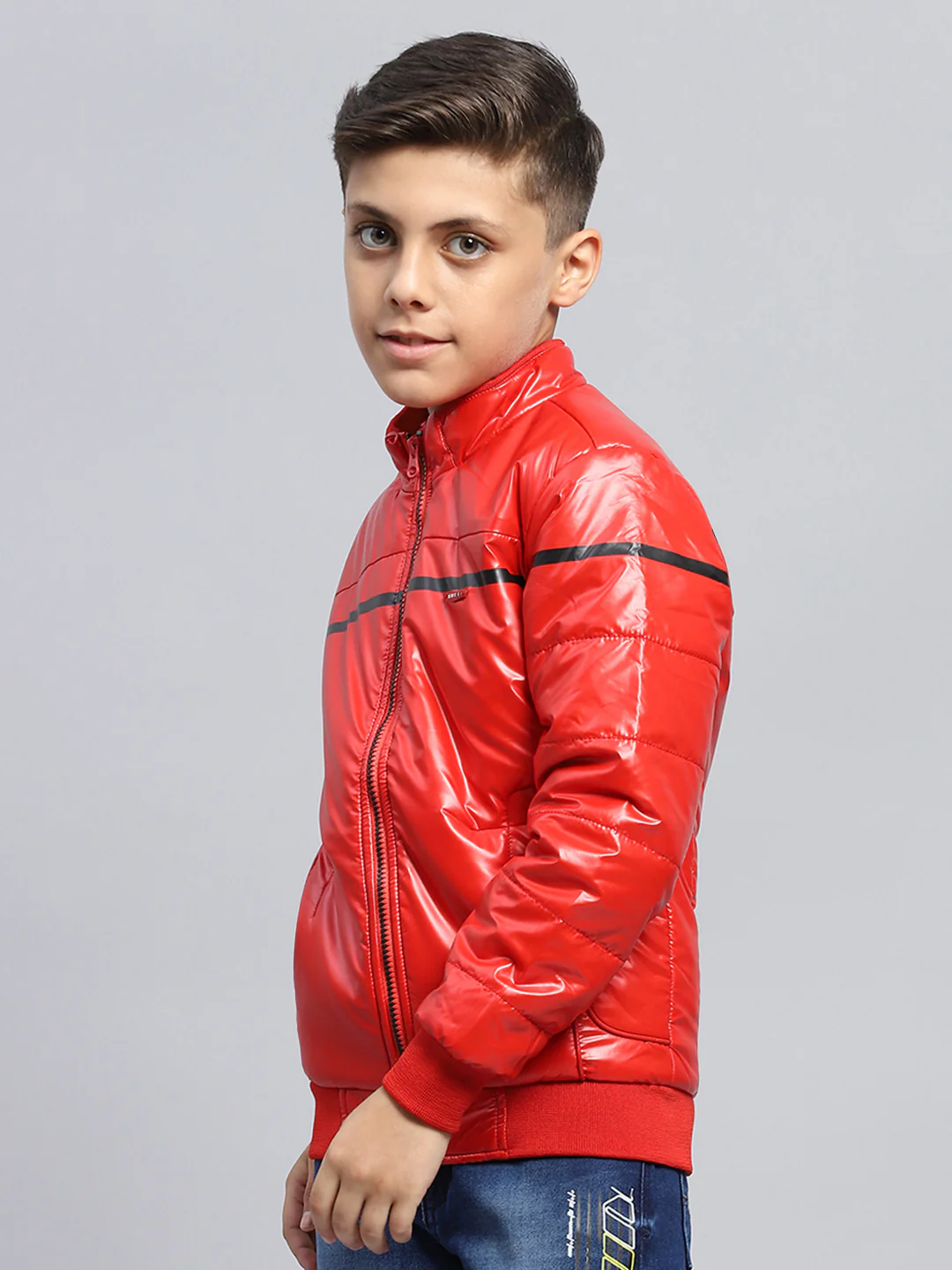 Boys Red Solid Mock Neck Full Sleeve Jacket - Image 3