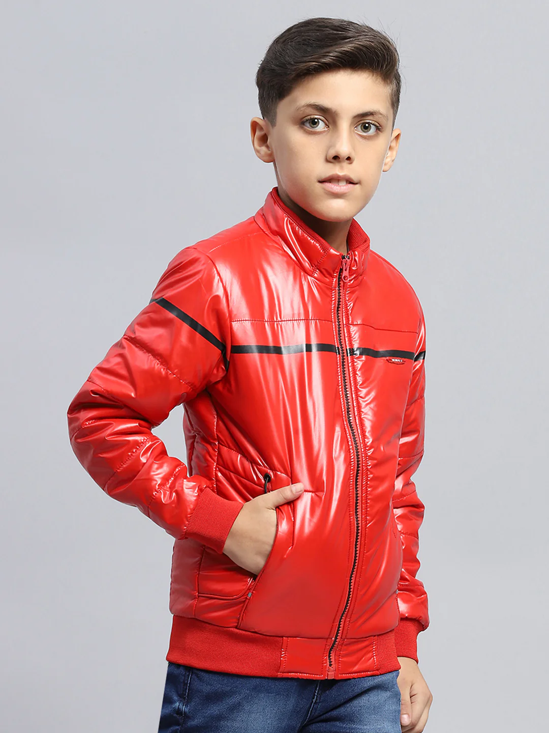 Boys Red Solid Mock Neck Full Sleeve Jacket - Image 4