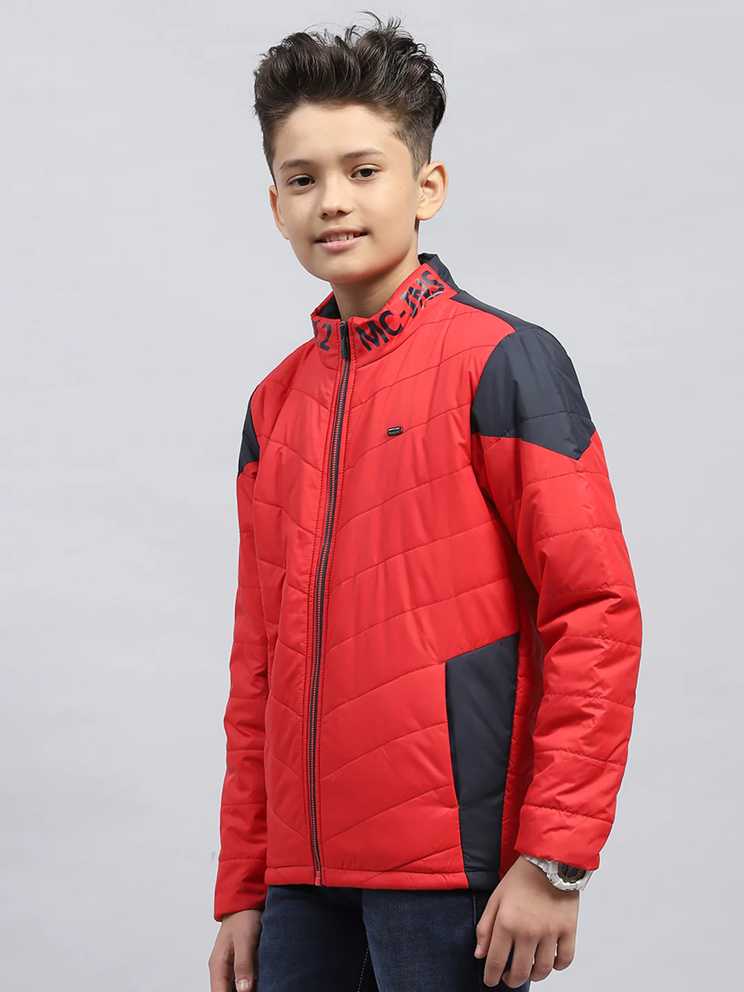 Boys Red Solid Mock Neck Full Sleeve Jacket - Image 3