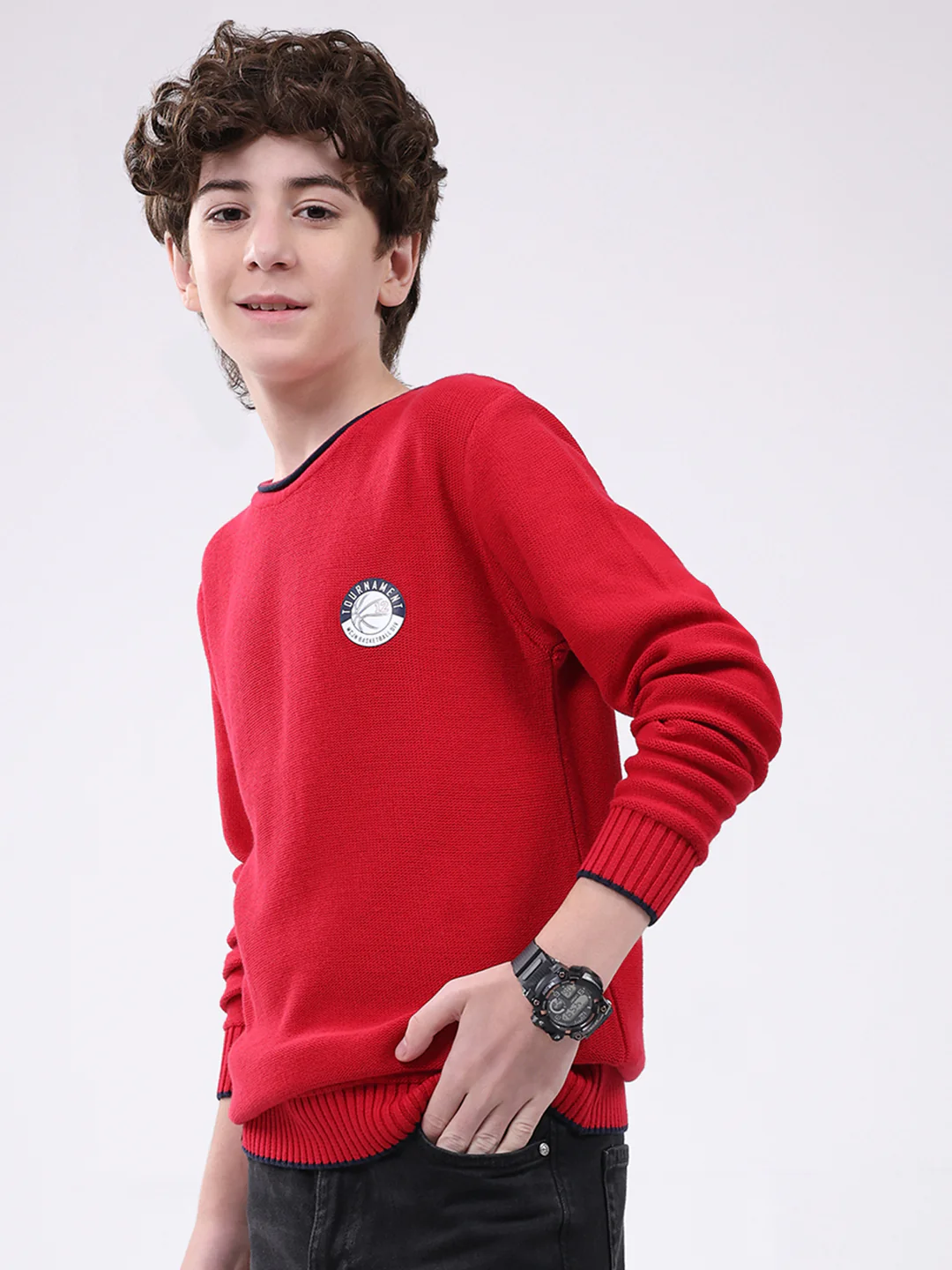 Boys Red Solid Round Neck Full Sleeve Pullover - Image 3