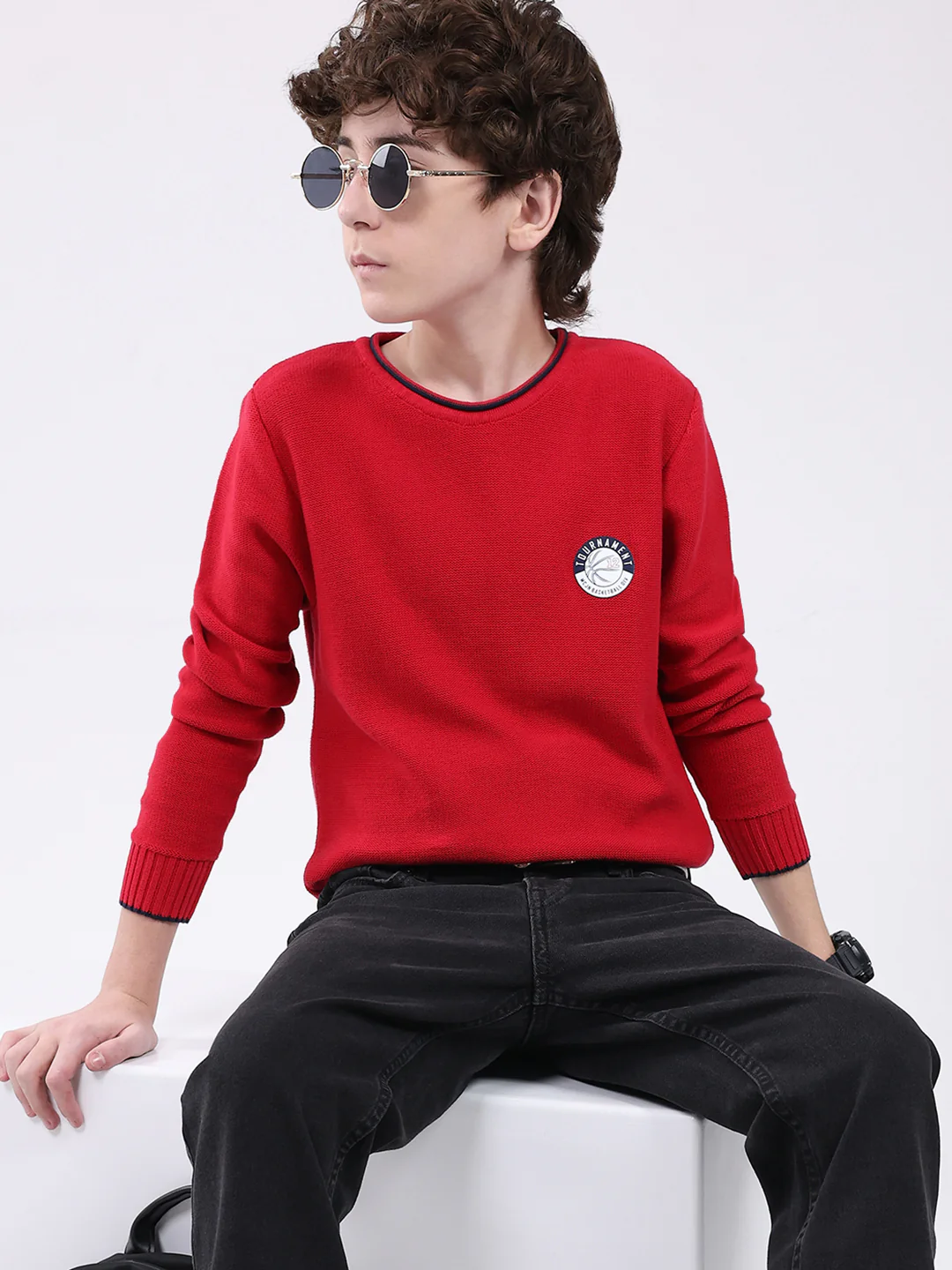 Boys Red Solid Round Neck Full Sleeve Pullover - Image 6