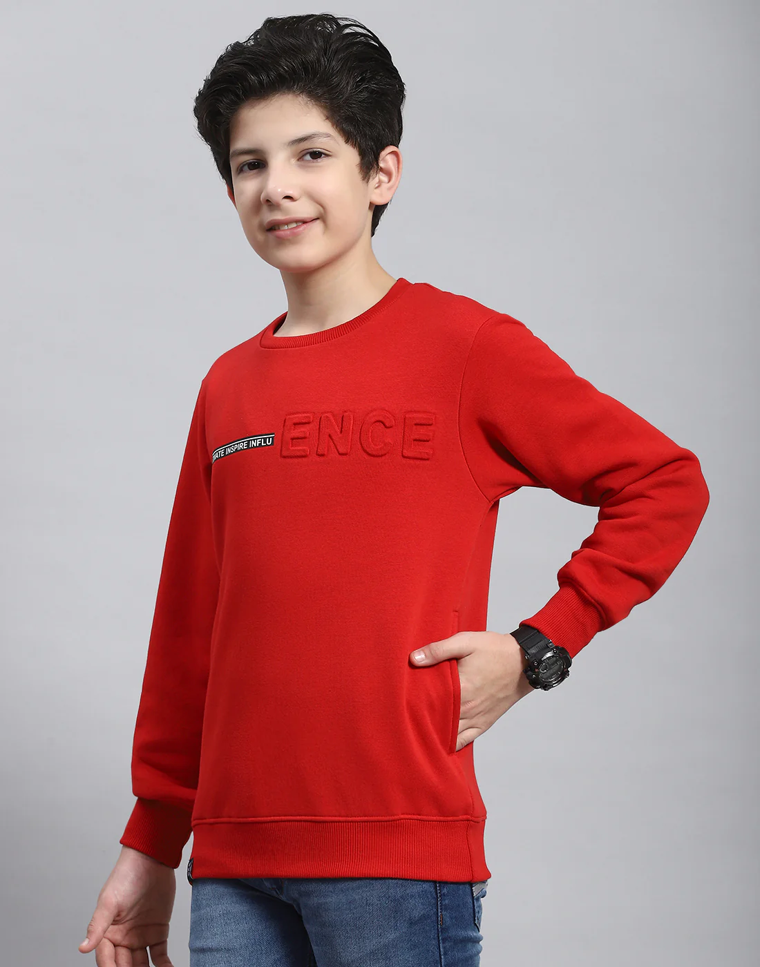Boys Red Solid Round Neck Full Sleeve Sweatshirt - Image 3