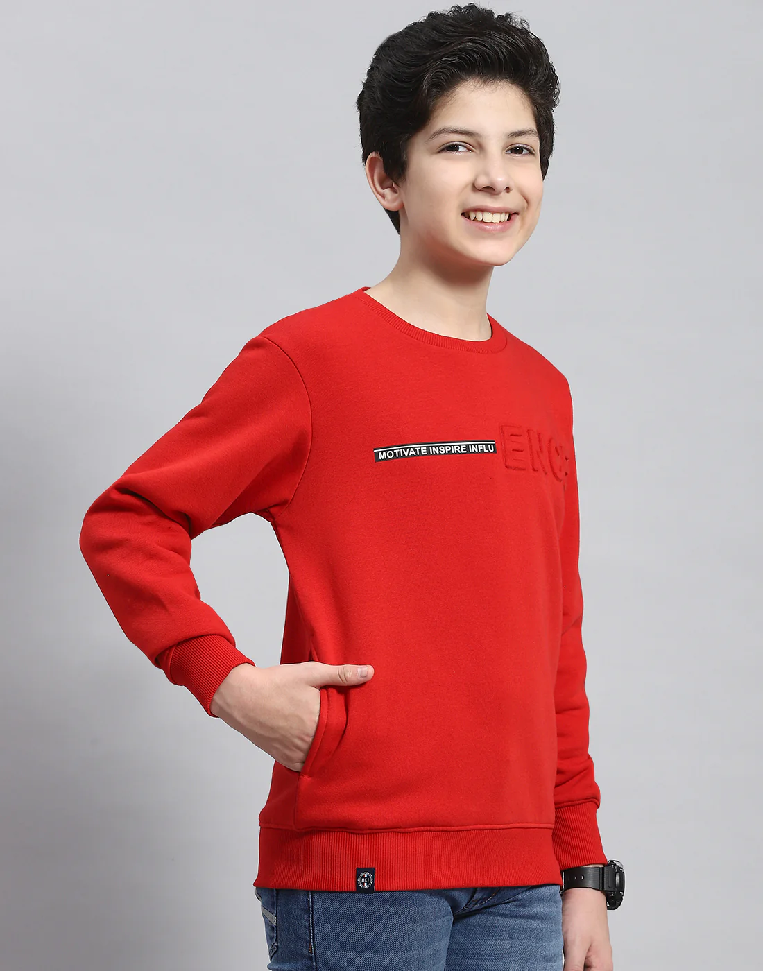 Boys Red Solid Round Neck Full Sleeve Sweatshirt - Image 4