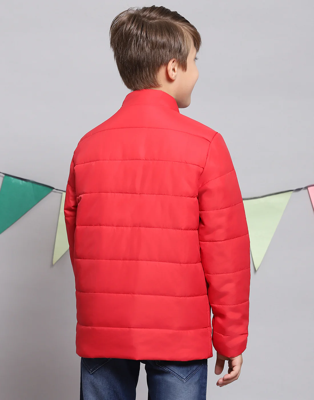 Boys Red Solid Stand Collar Full Sleeve Boys Jacket - Image 4