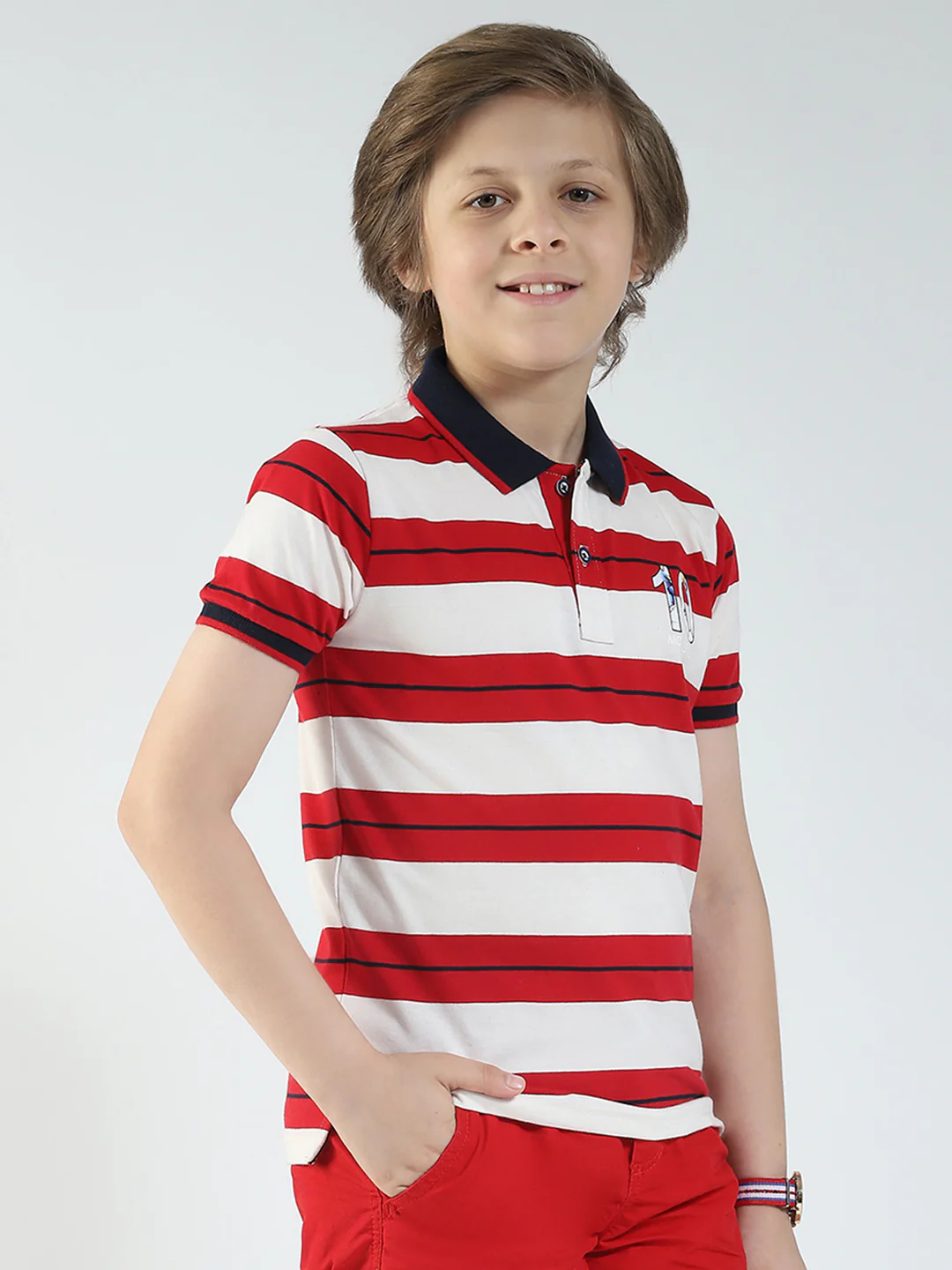 Boys Red Stripe Collar Half Sleeve T-Shirt - Image 4
