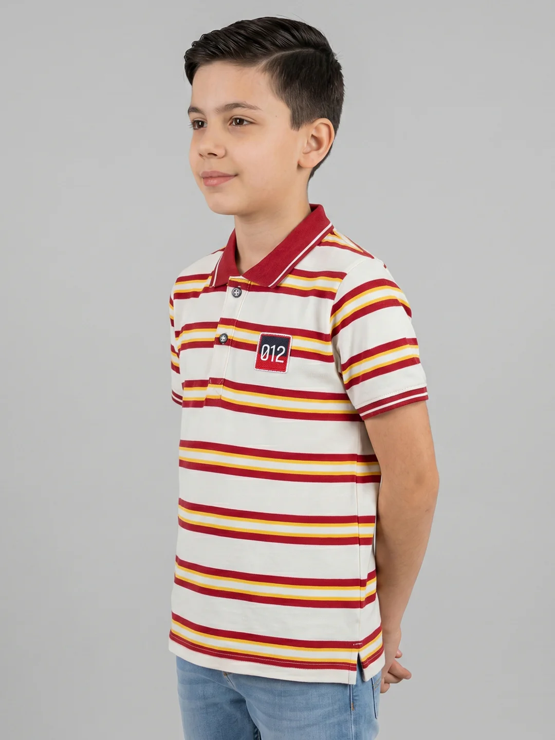 Boys Red Stripe Collar Half Sleeve T-Shirt - Image 3