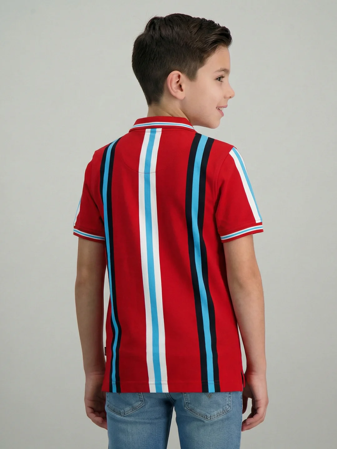 Boys Red Stripe Collar Half Sleeve T-Shirt - Image 4