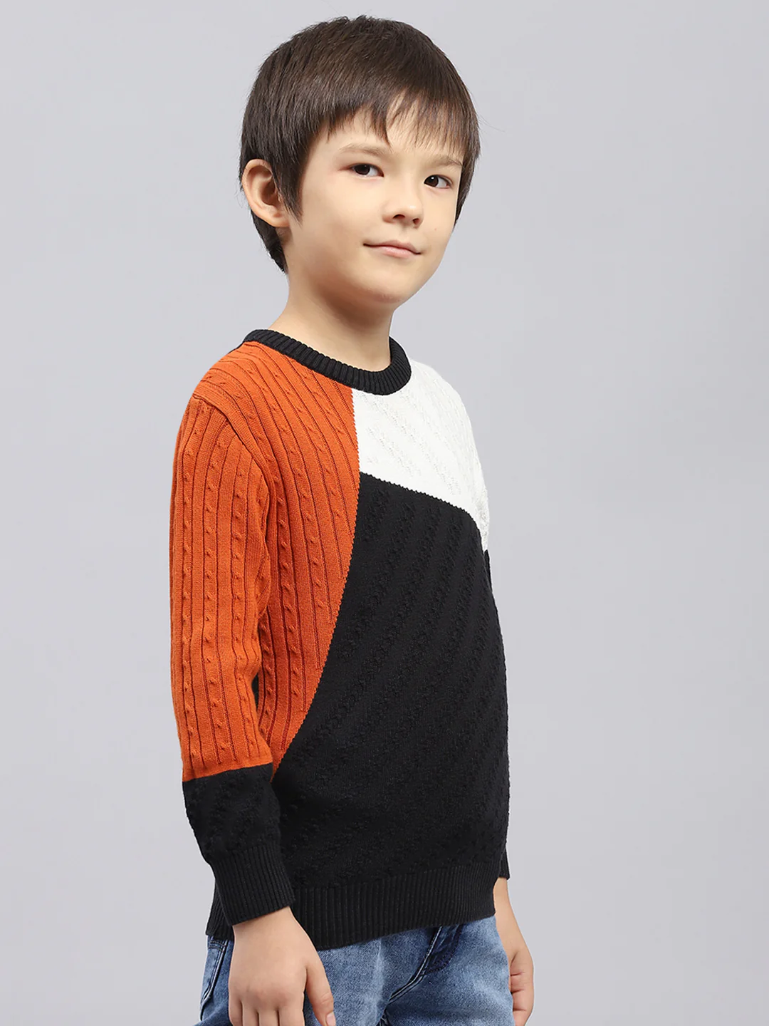 Boys Rust & Black Self Design Round Neck Full Sleeve Pullover - Image 4