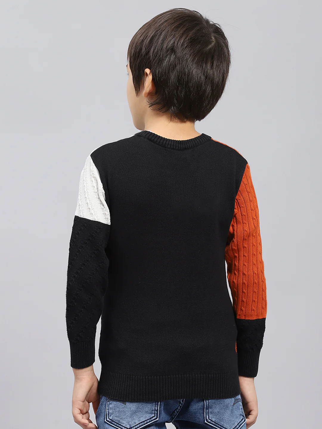 Boys Rust & Black Self Design Round Neck Full Sleeve Pullover - Image 5