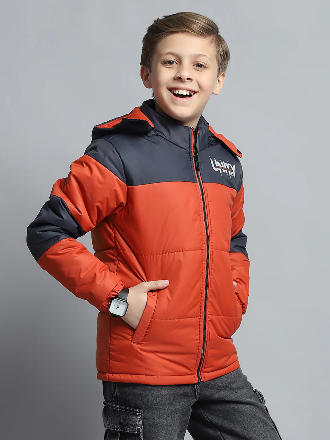 Boys Rust & Navy Blue Printed Detachable Hood Full Sleeve Jacket - Image 4