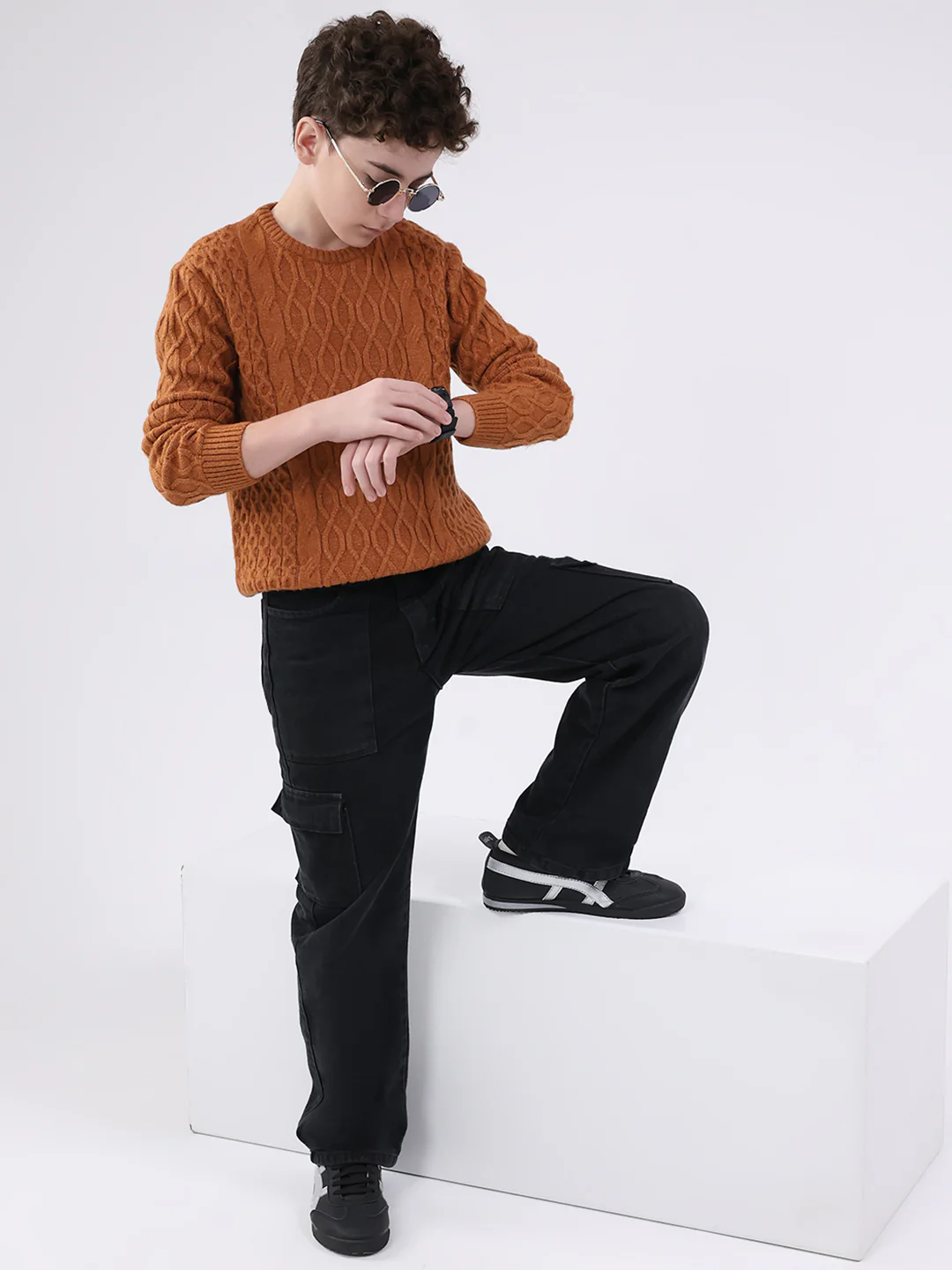 Boys Rust Self Design Round Neck Full Sleeve Pullover - Image 2