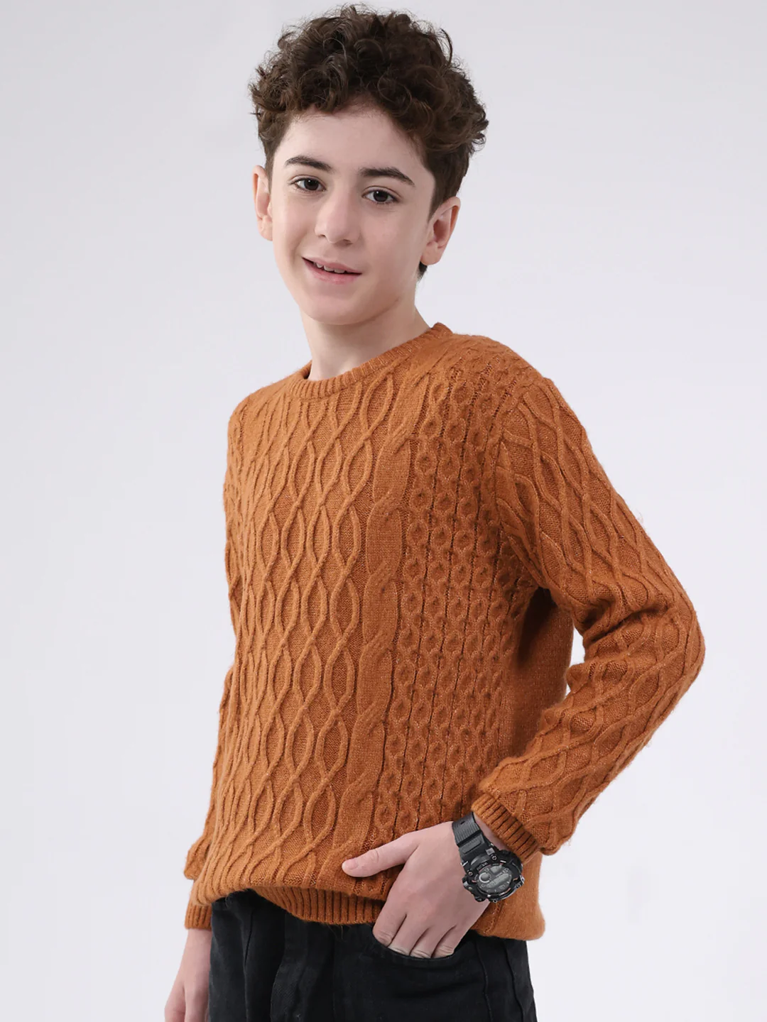 Boys Rust Self Design Round Neck Full Sleeve Pullover - Image 3