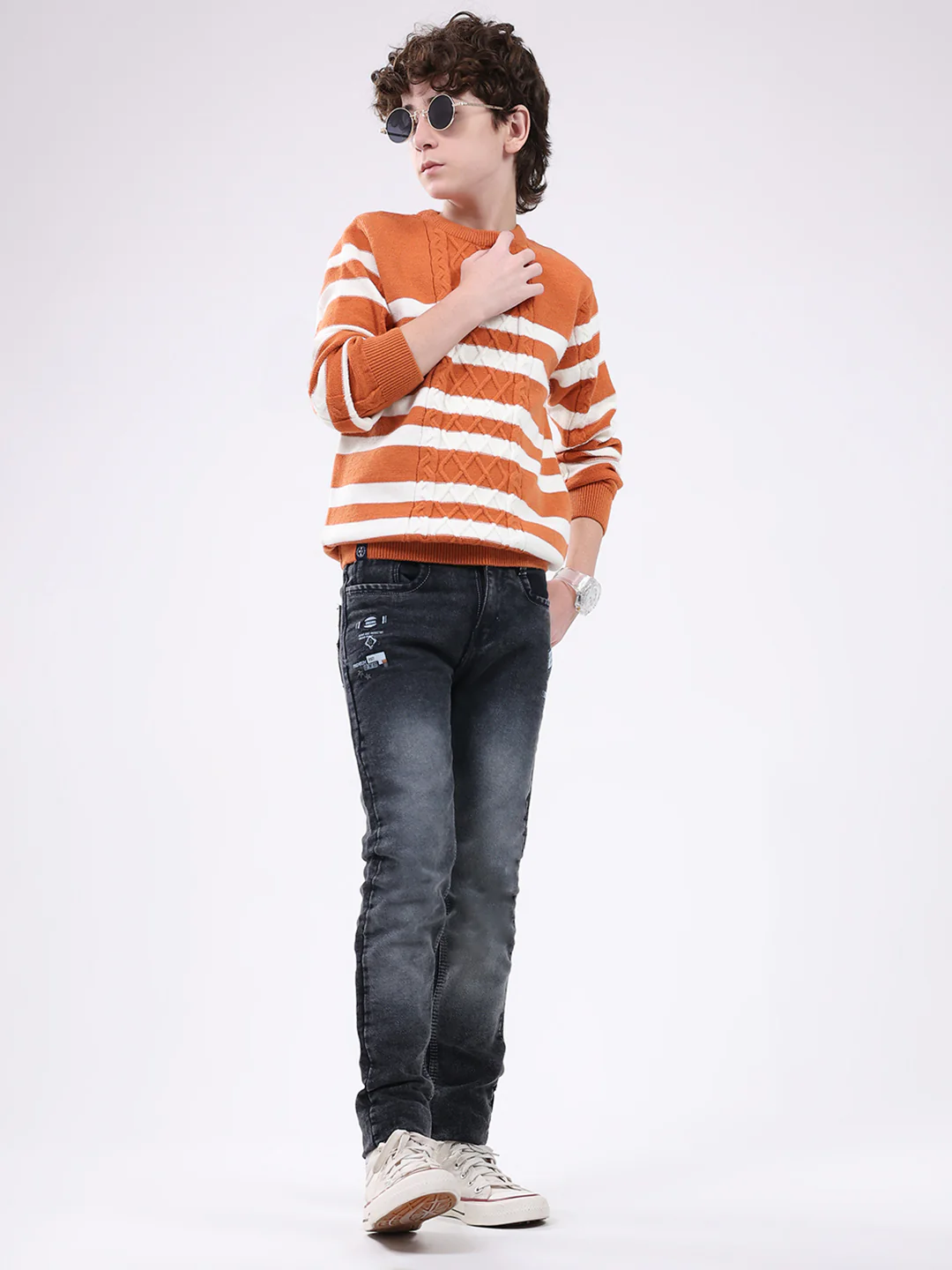 Boys Rust Self Design Round Neck Full Sleeve Pullover - Image 2