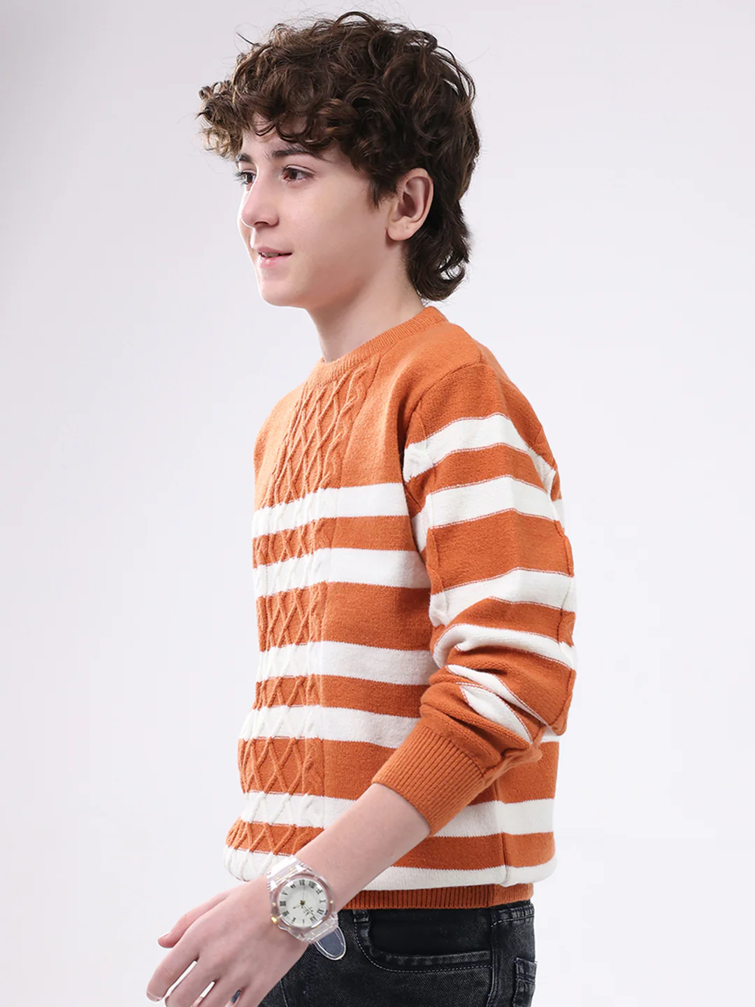 Boys Rust Self Design Round Neck Full Sleeve Pullover - Image 3