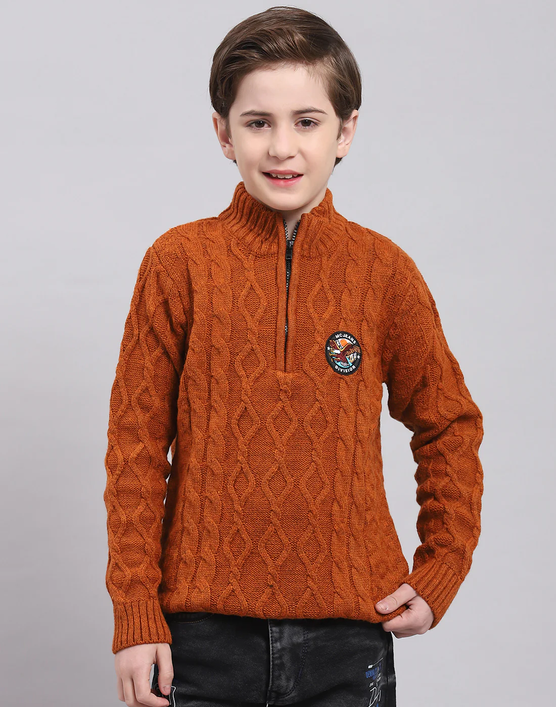 Boys Rust Self Design Round Neck Full Sleeve Sweater - Image 2