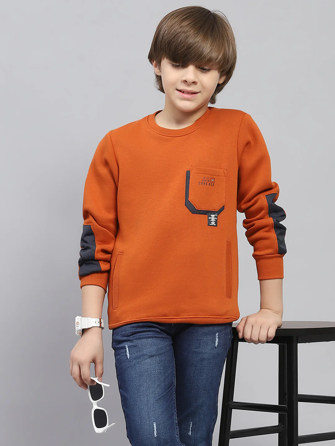 Boys Rust Solid Round Neck Full Sleeve Sweatshirt - Image 6