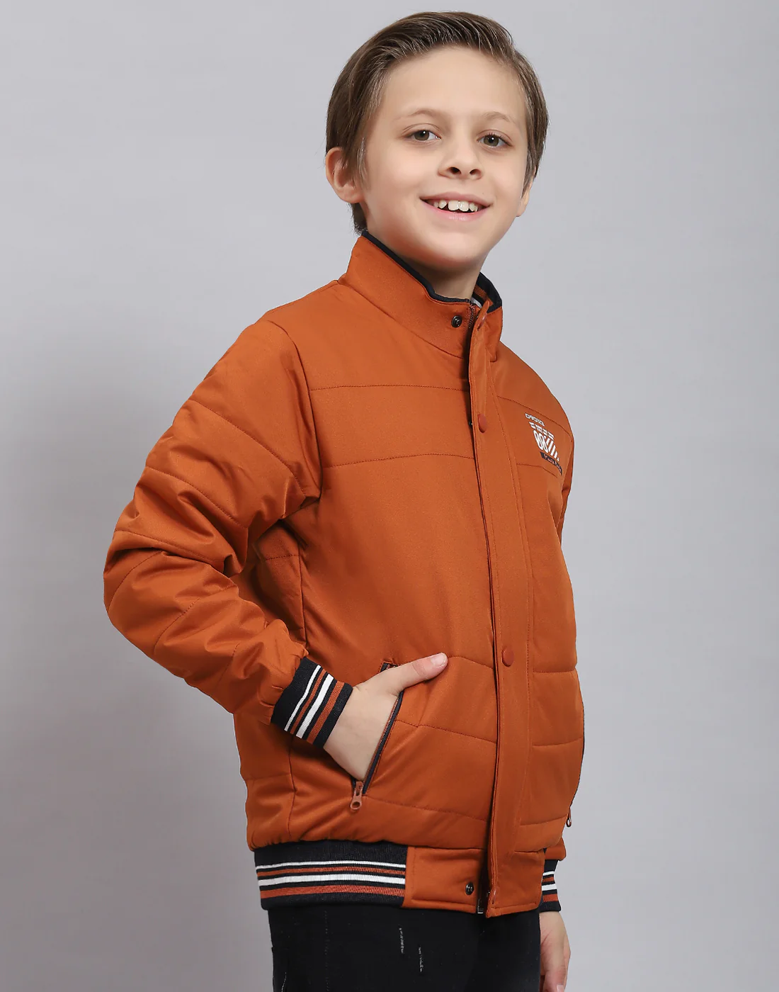 Boys Rust Solid Stand Collar Full Sleeve Boys Jacket - Image 4