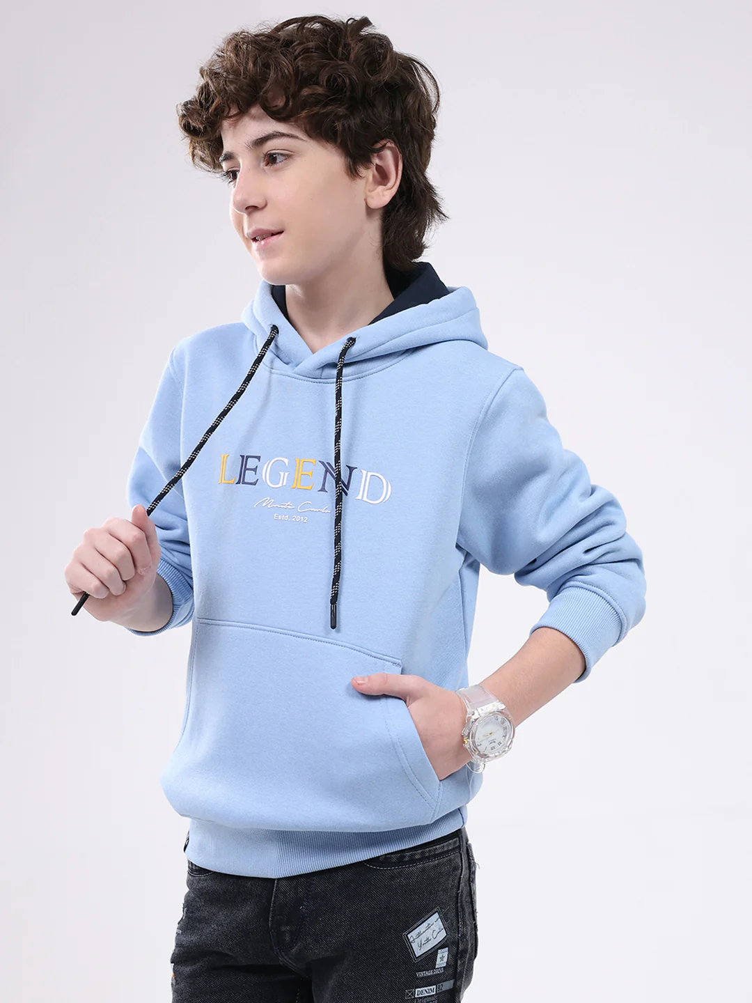 Boys Sky Blue Printed Hooded Full Sleeve Sweatshirt - Image 3