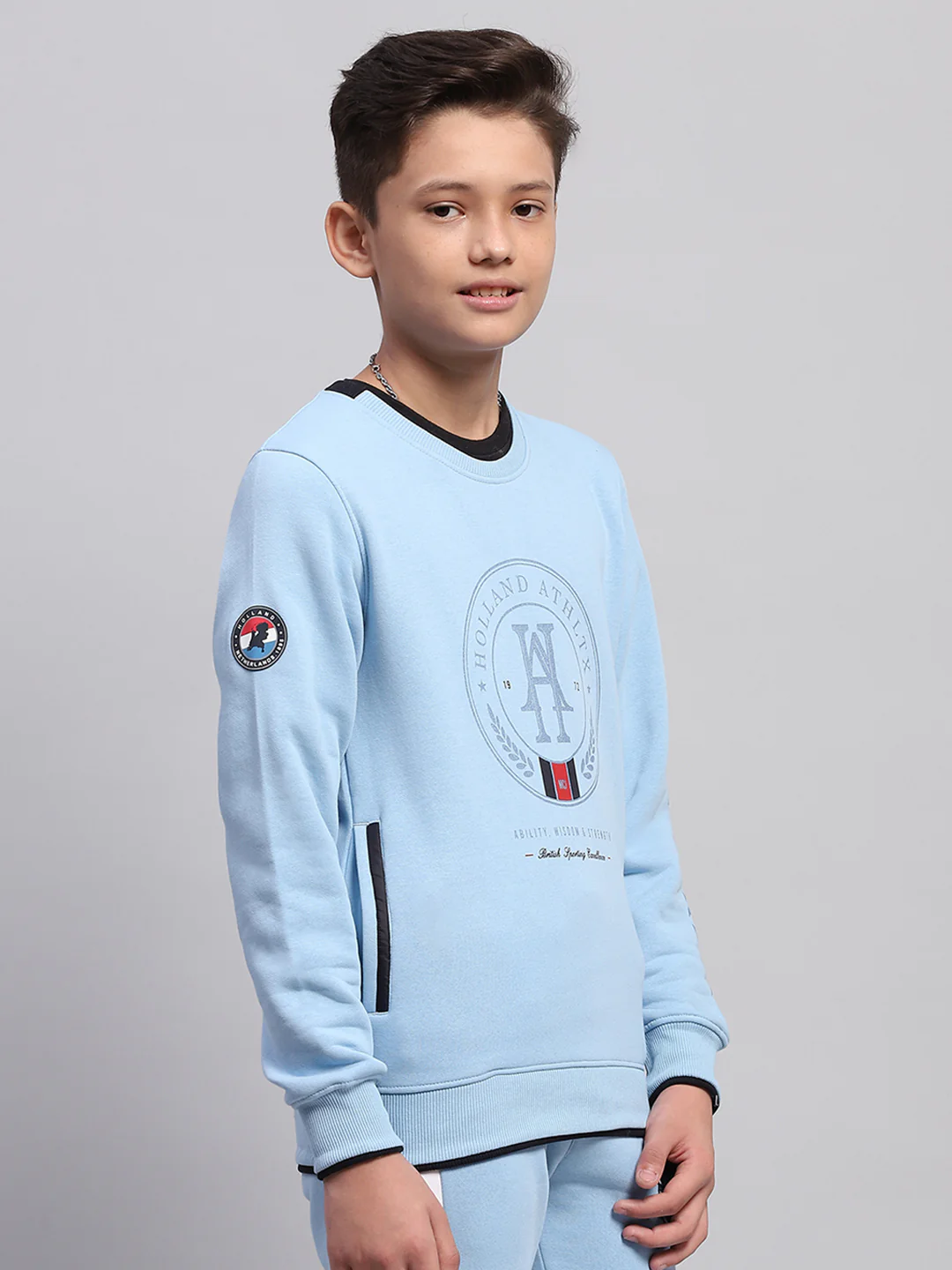 Boys Sky Blue Printed Round Neck Full Sleeve Sweatshirt - Image 4