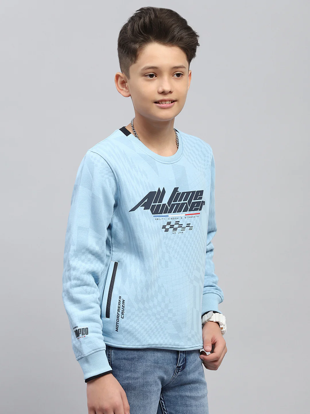 Boys Sky Blue Printed Round Neck Full Sleeve Sweatshirt - Image 4