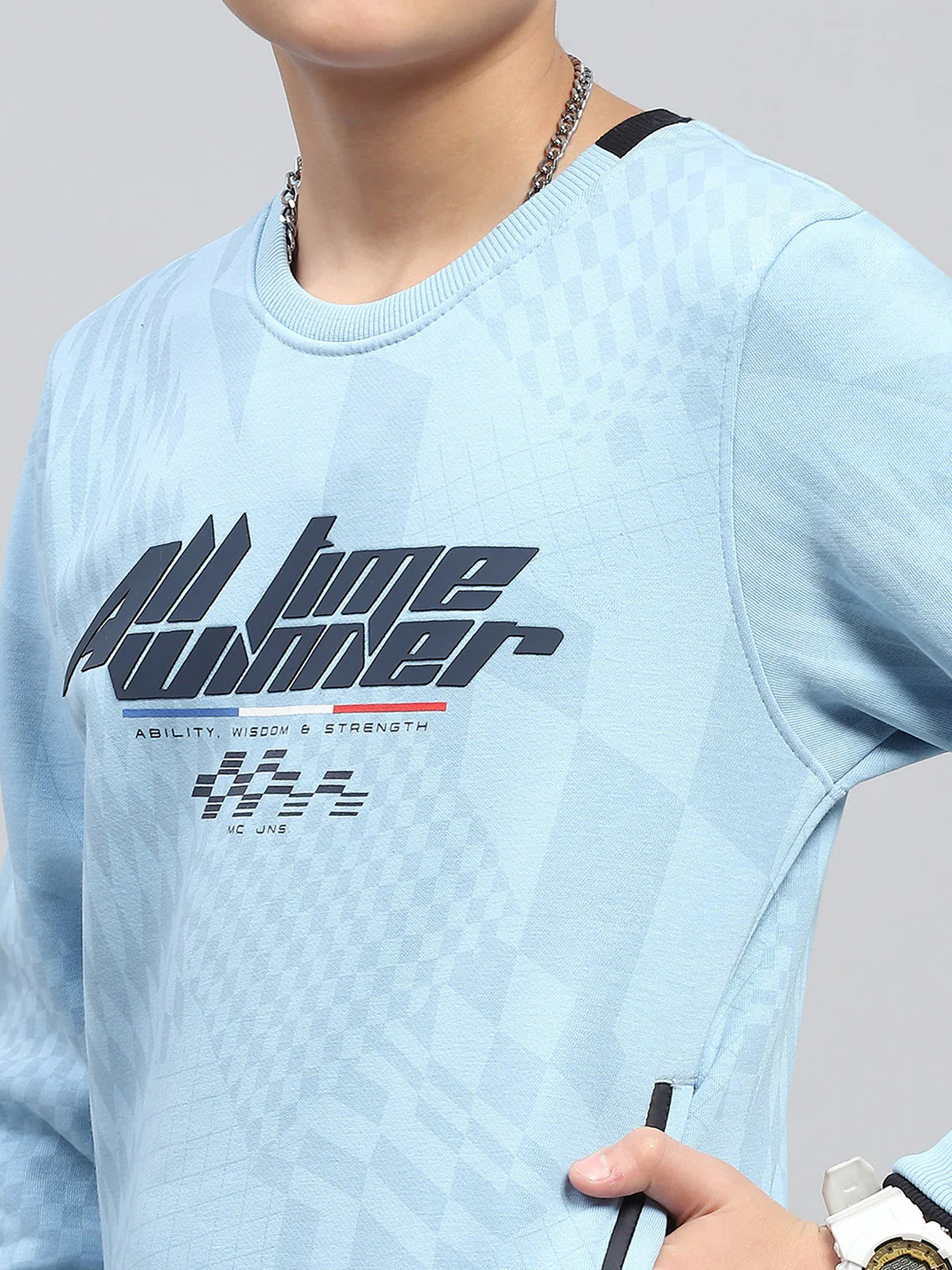 Boys Sky Blue Printed Round Neck Full Sleeve Sweatshirt - Image 6