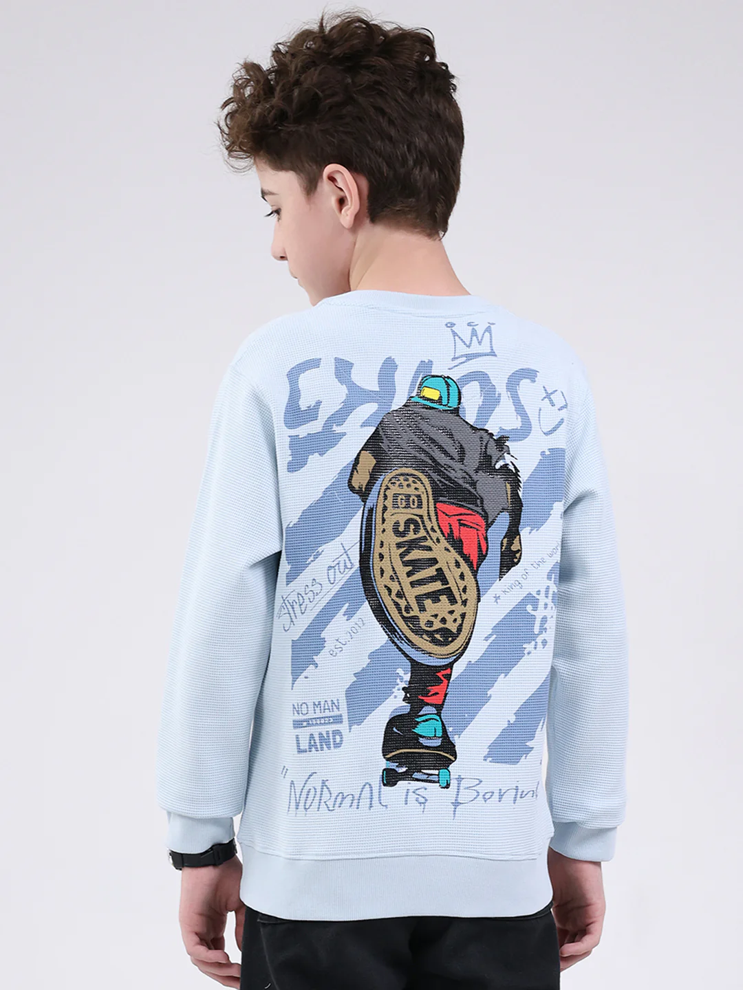 Boys Sky Blue Printed Round Neck Full Sleeve Sweatshirt - Image 5