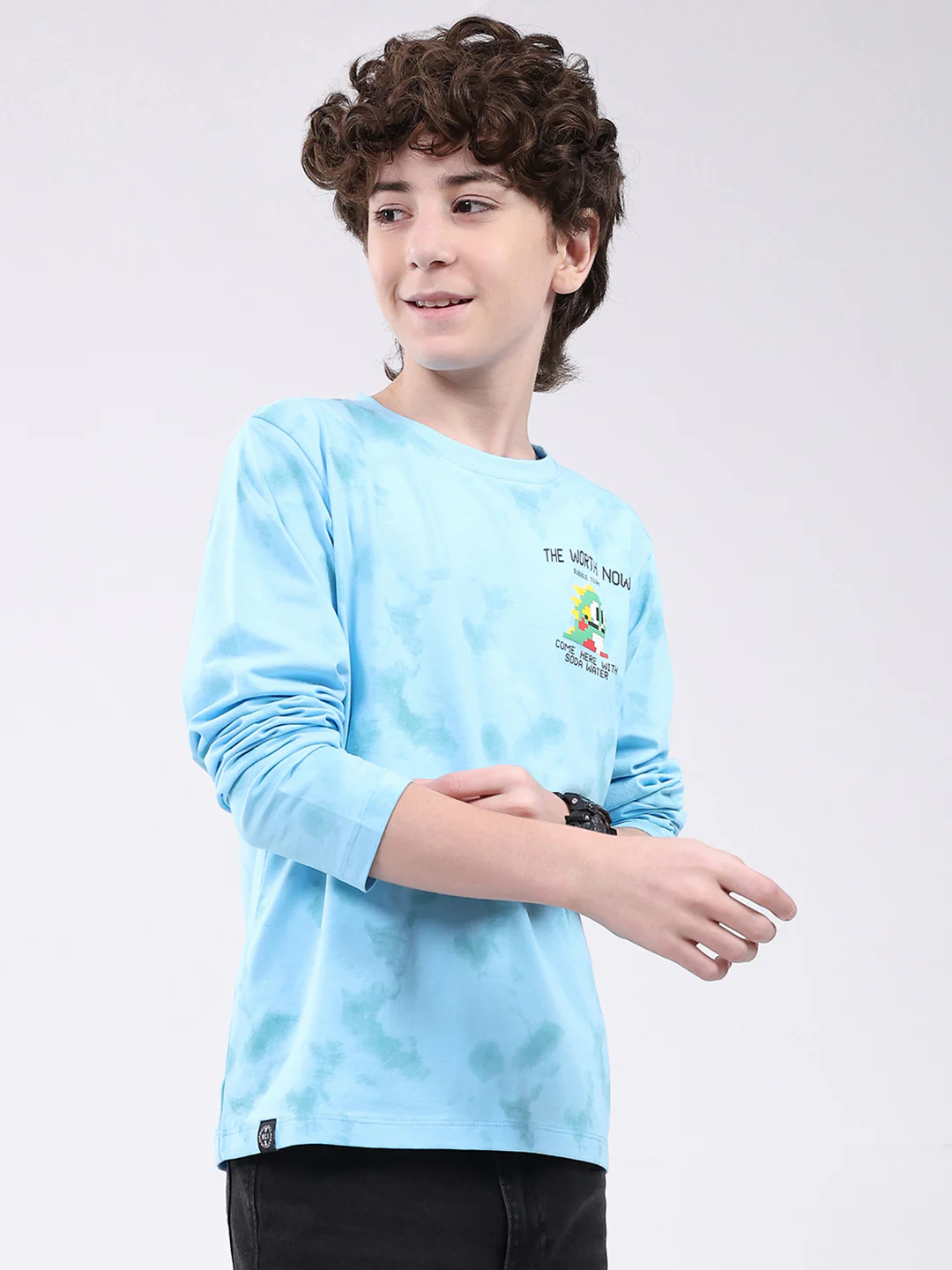 Boys Sky Blue Printed Round Neck Full Sleeve Winter T-Shirt - Image 4