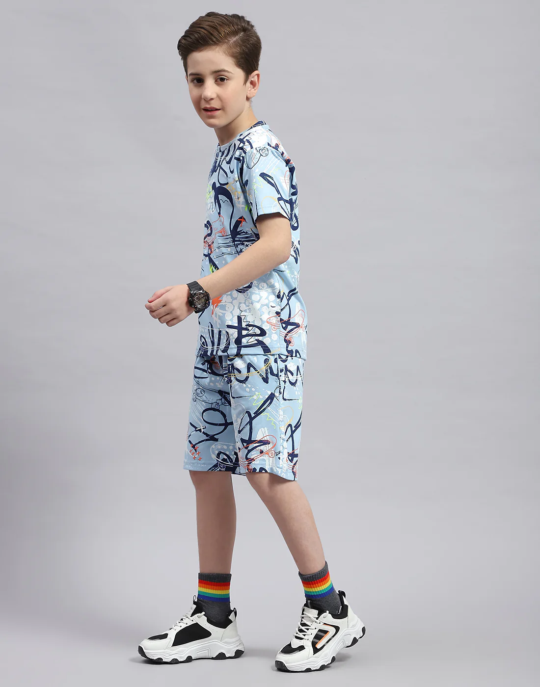 Boys Sky Blue Printed Round Neck Half Sleeve Bermuda Set - Image 3