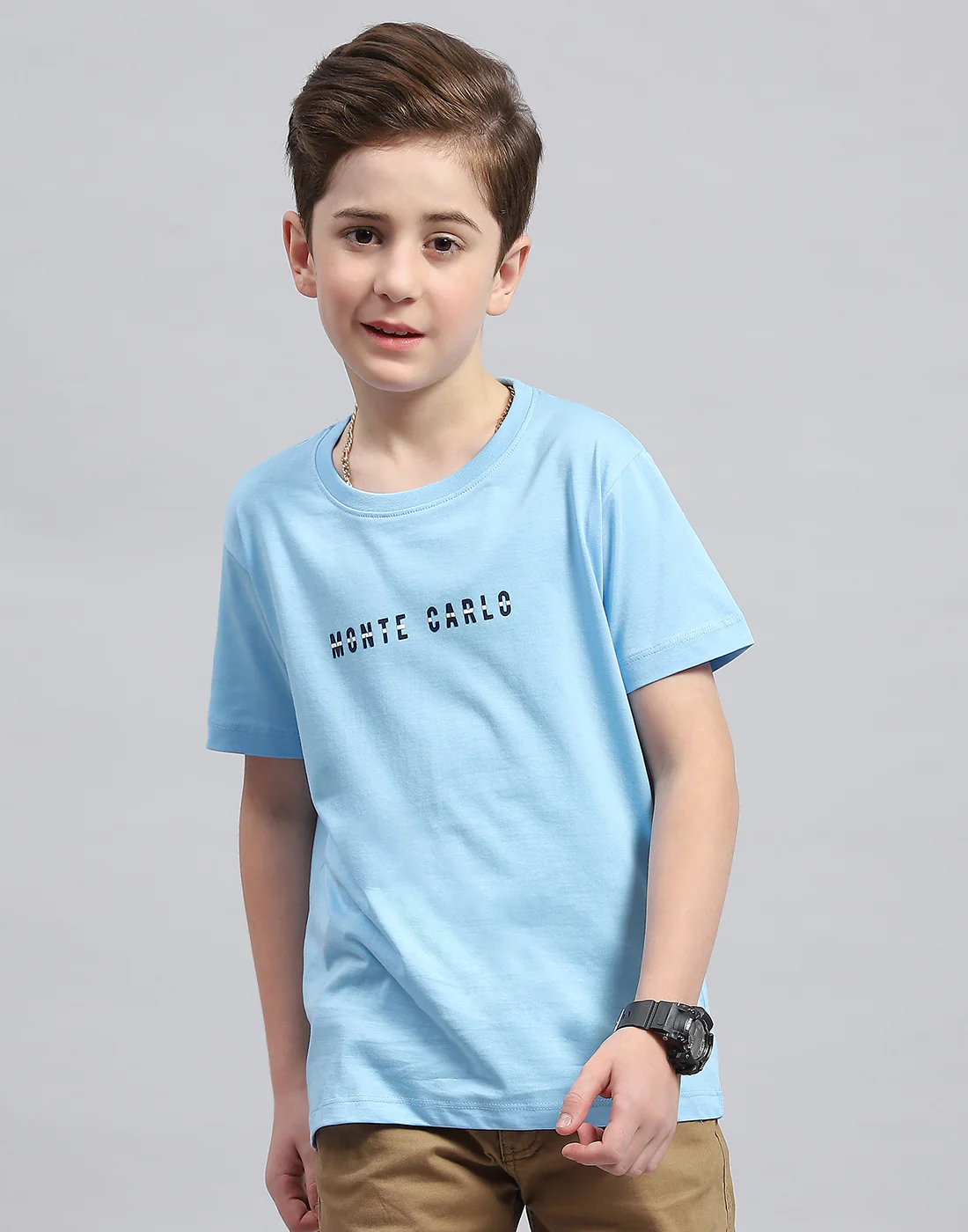 Boys Sky Blue Printed Round Neck Half Sleeve T-Shirt - Image 2
