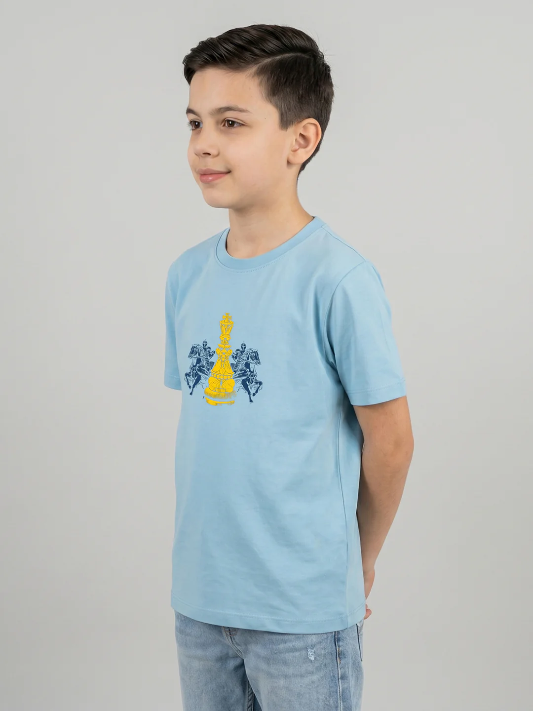 Boys Sky Blue Printed Round Neck Half Sleeve T-Shirt - Image 3