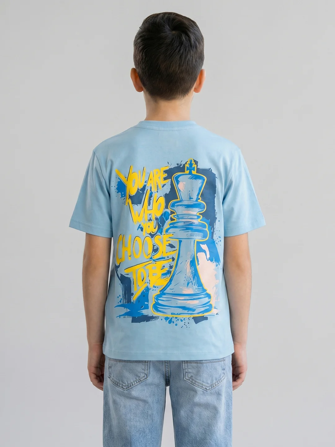 Boys Sky Blue Printed Round Neck Half Sleeve T-Shirt - Image 4