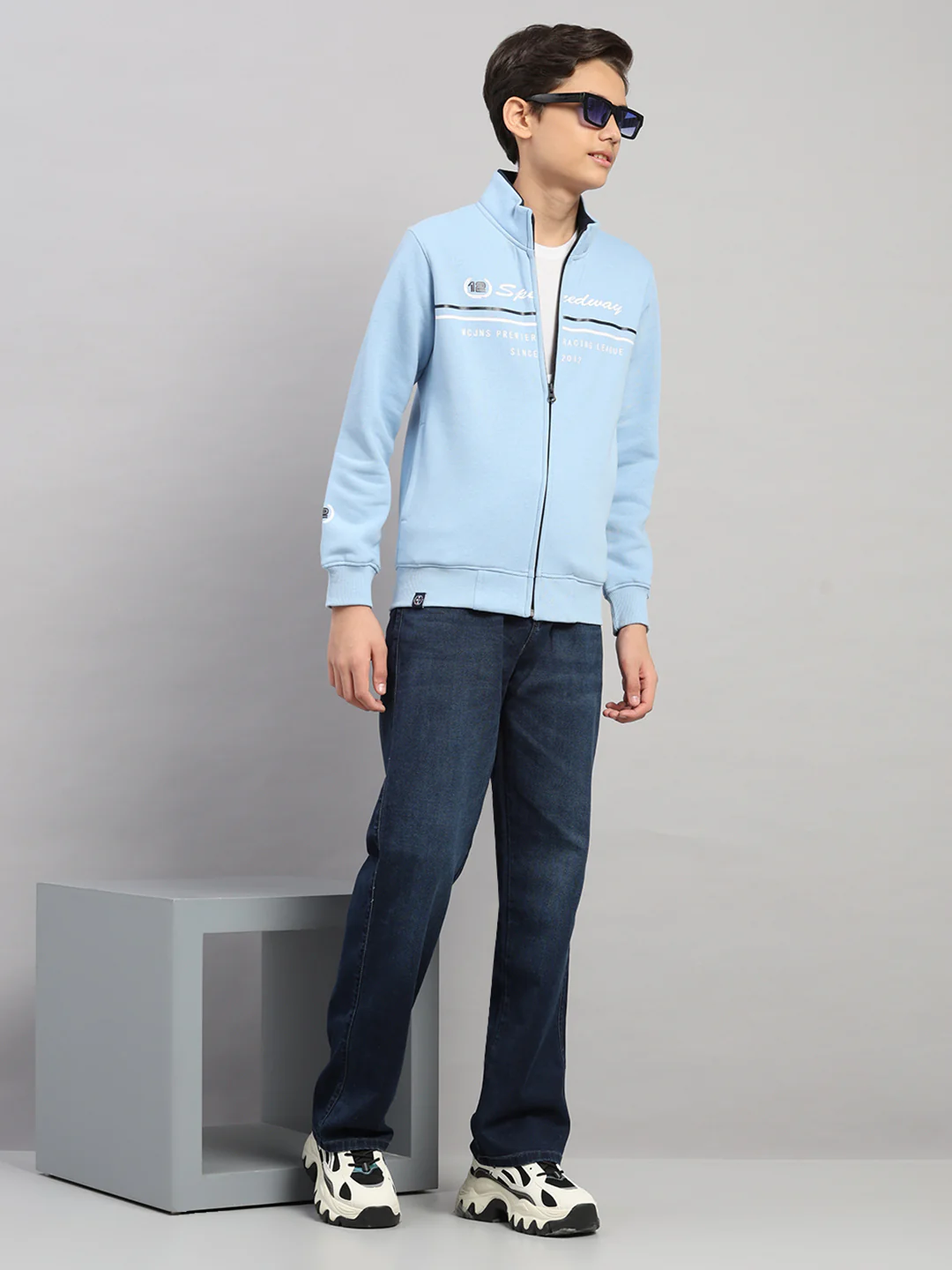 Boys Sky Blue Printed Turtle Neck Full Sleeve Sweatshirt - Image 2