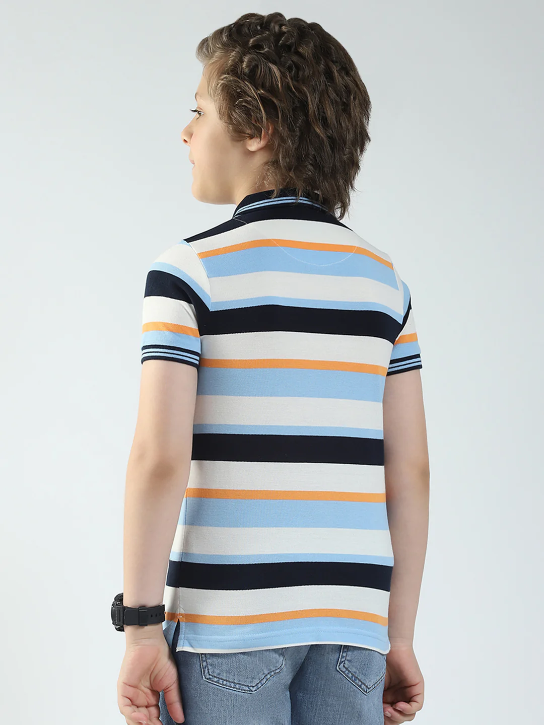 Boys Sky Blue Stripe Collar Half Sleeve T-Shirt - Image 5