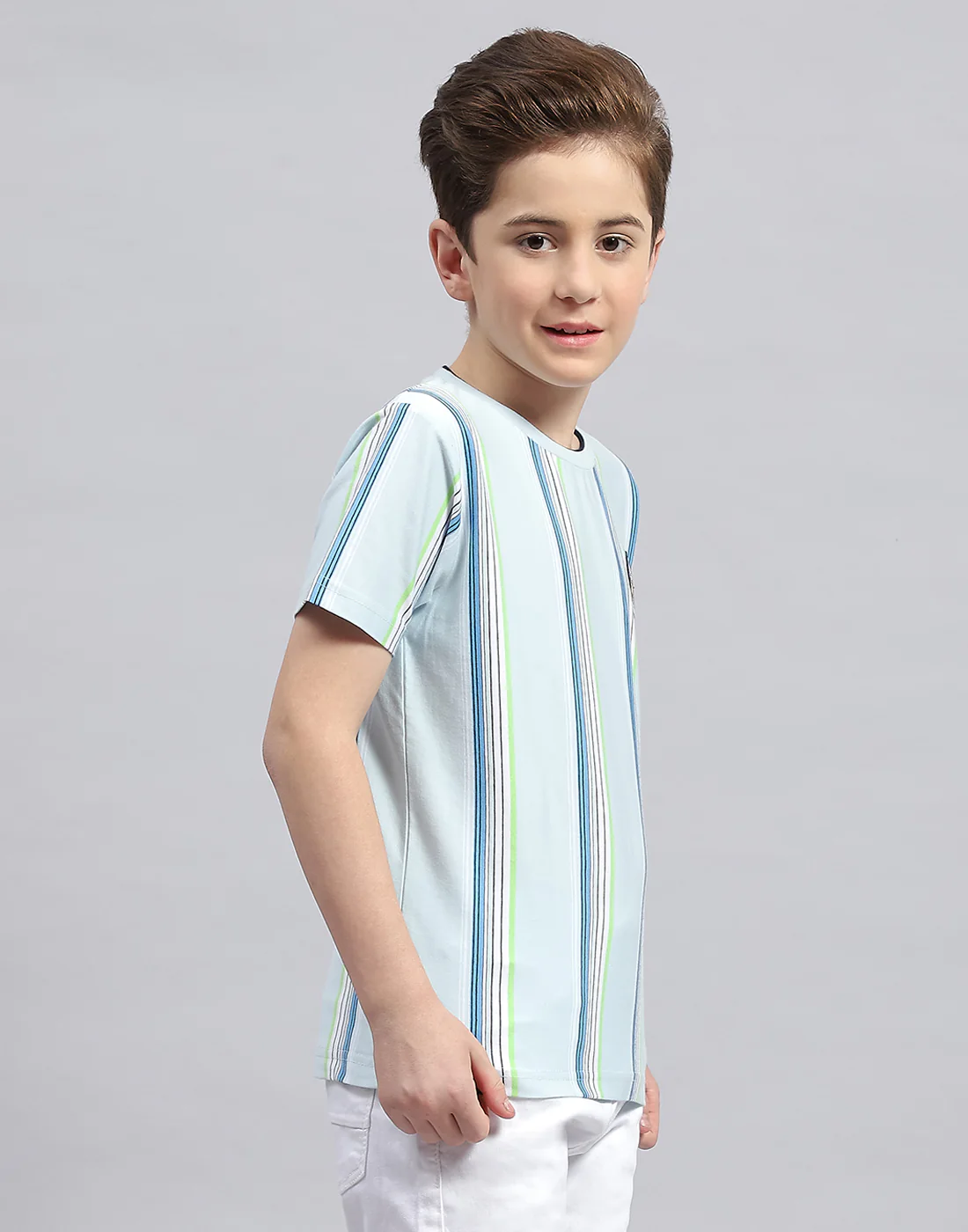 Boys Sky Blue Stripe Round Neck Half Sleeve T-Shirt - Image 4